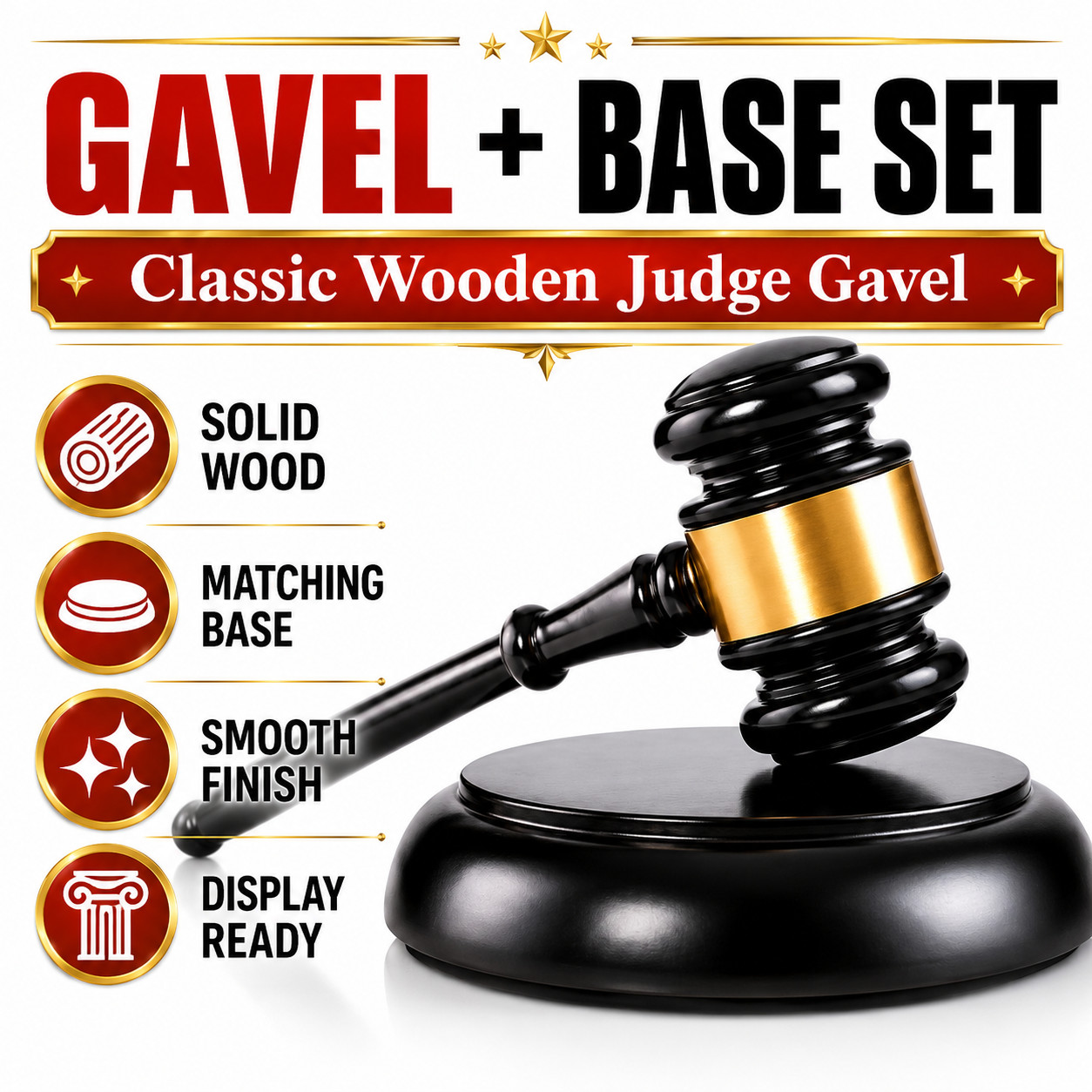 Premium Wooden Judge Gavel Set Black Gold Band Base Auction Meeting Gift Decor