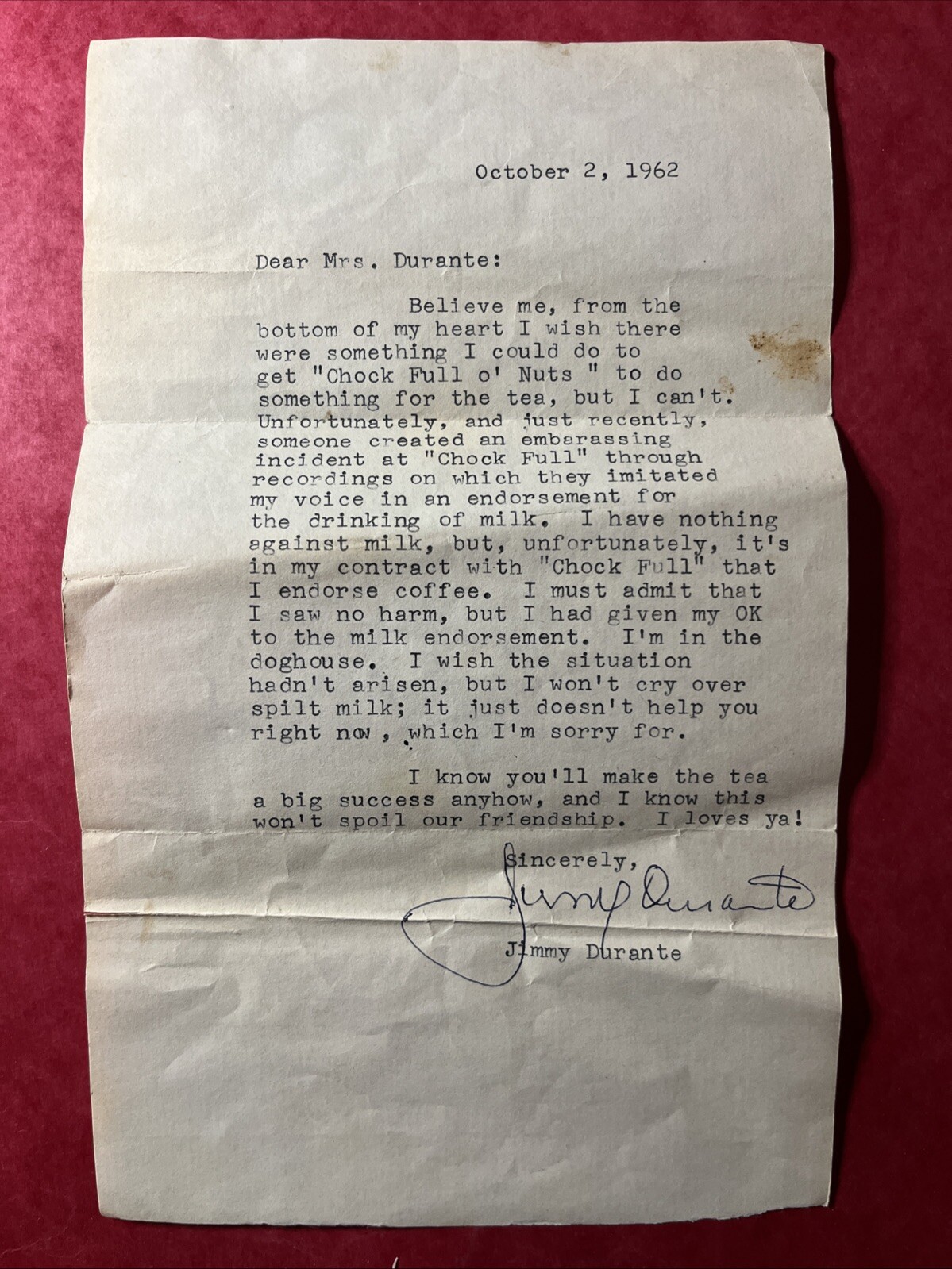 Amazing 1/1 OOAK Legal Letter Signed “Jimmy Durante” 1962 CHOCK FULL O NUTS” LAW
