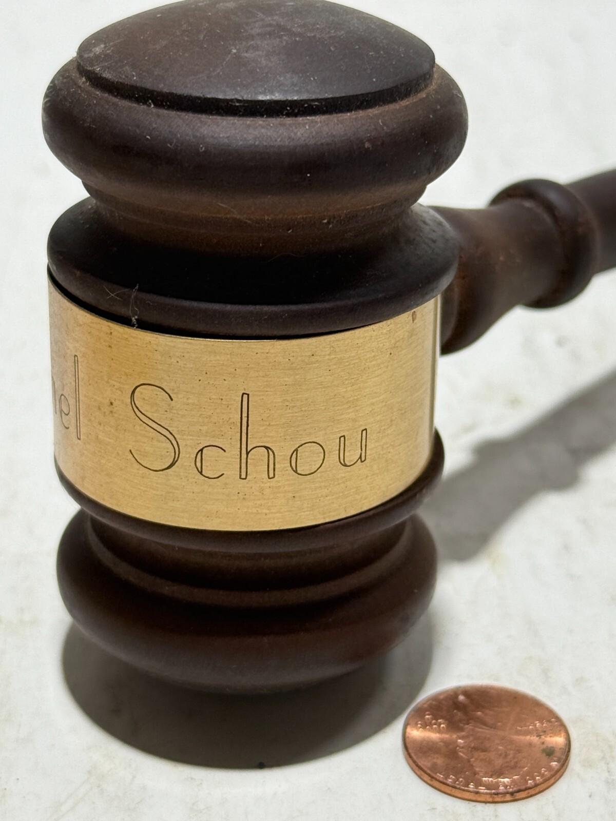 Wooden Gavel Metal Engraved Name Vintage «Colonel Schou» 10.25″ Long