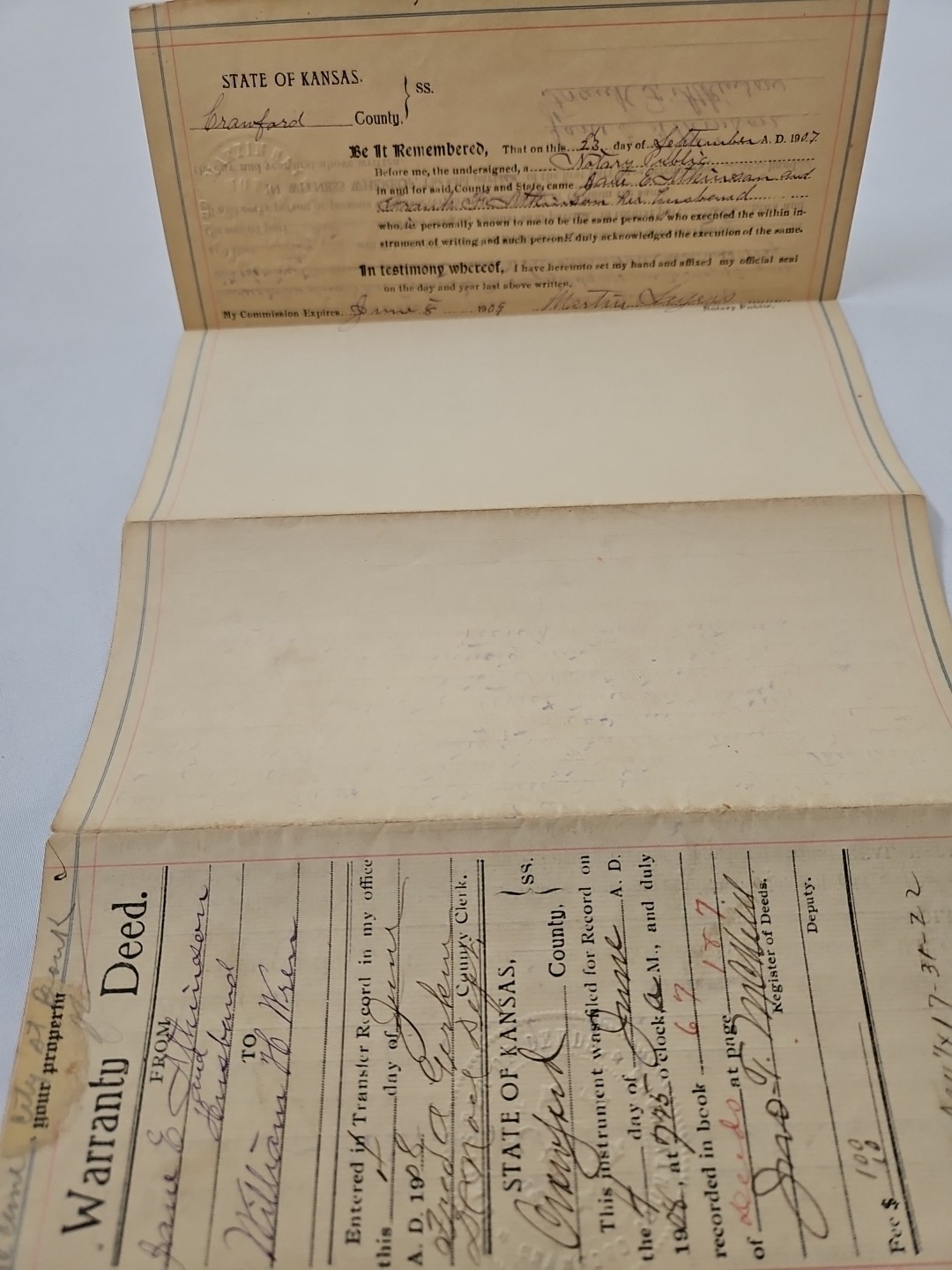 Original antique 1907 McCune KS Crawford County WARRANTY DEED Signed Atkinson