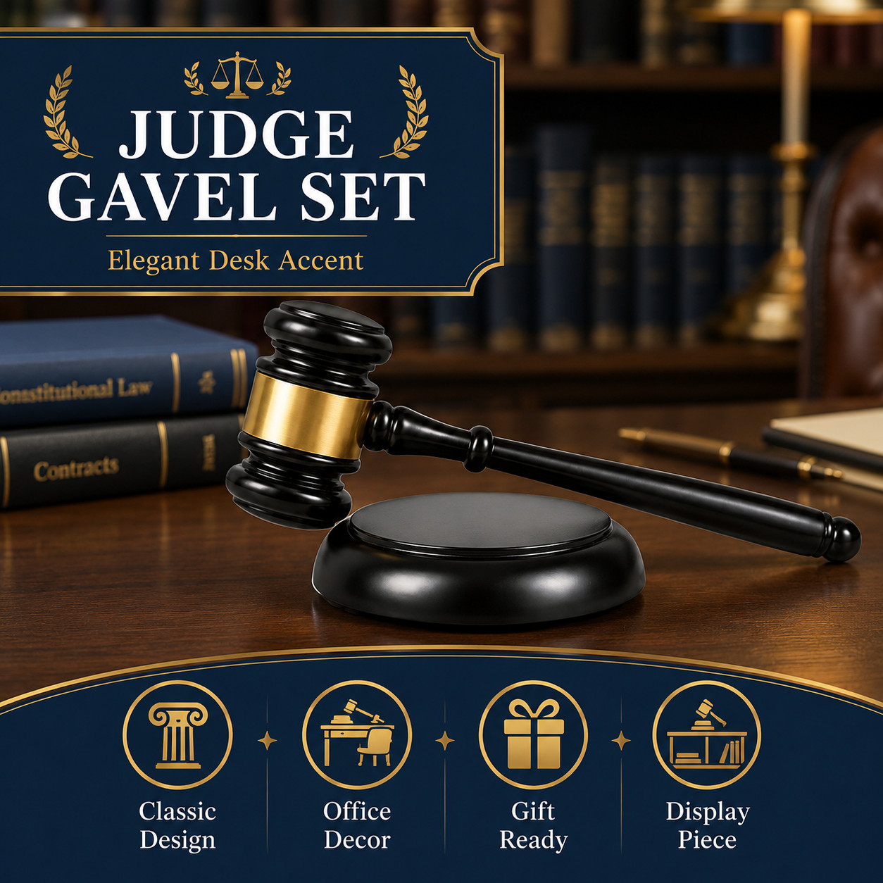 Judge Gavel Set for Law Office Desktop Display Black Gold Decorative Accent Gift