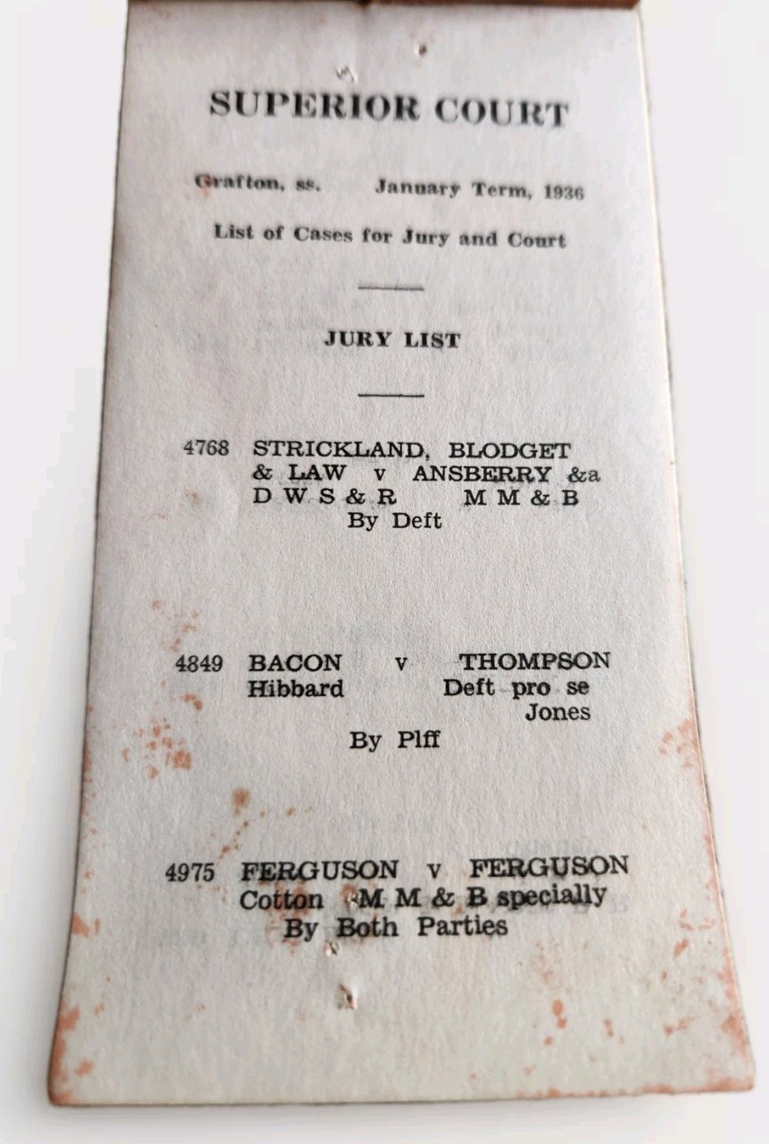 List Of Cases For Jury And Court January Term 1936 Docket Grafton NH