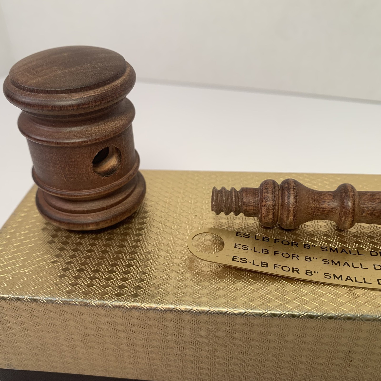 Vintage Solid Wooden Gavel Long Hand Turned Medium Brown Wood w brass ribbon