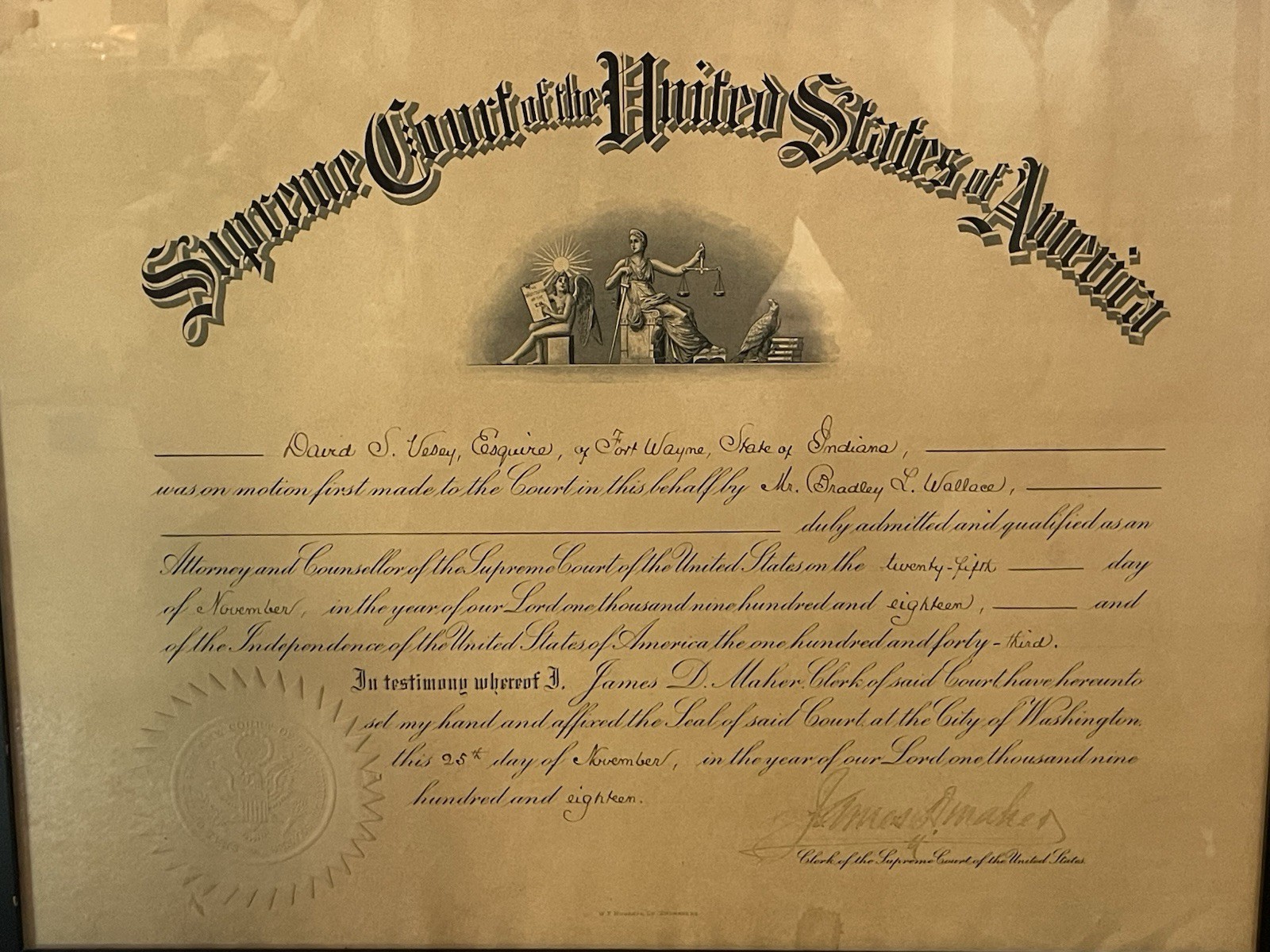 Law History 1918 Supreme Court of the United States Certificate Framed