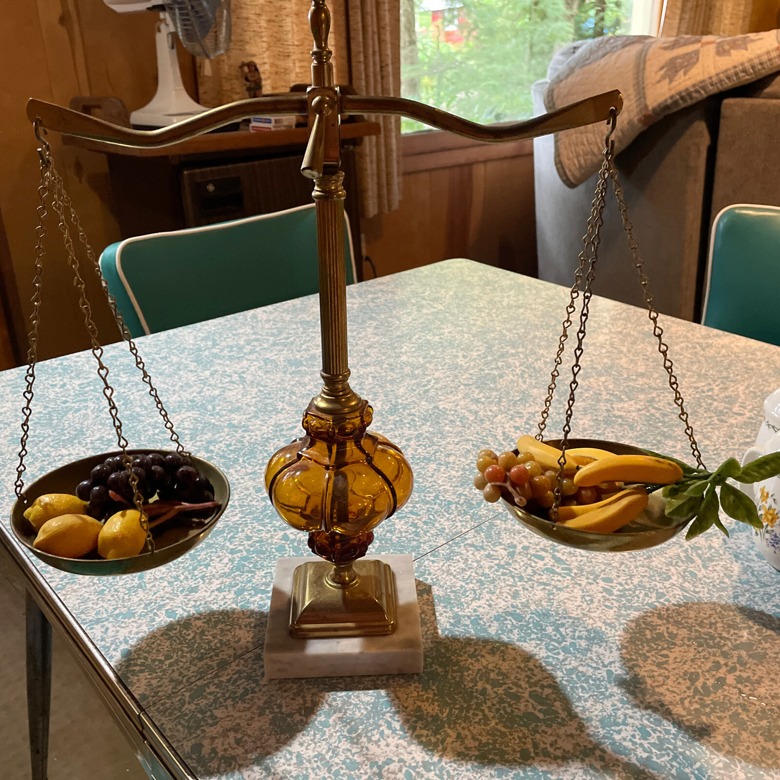 Vintage Brass Scales Of Justice Amber Glass 1960’s Marble Bottom