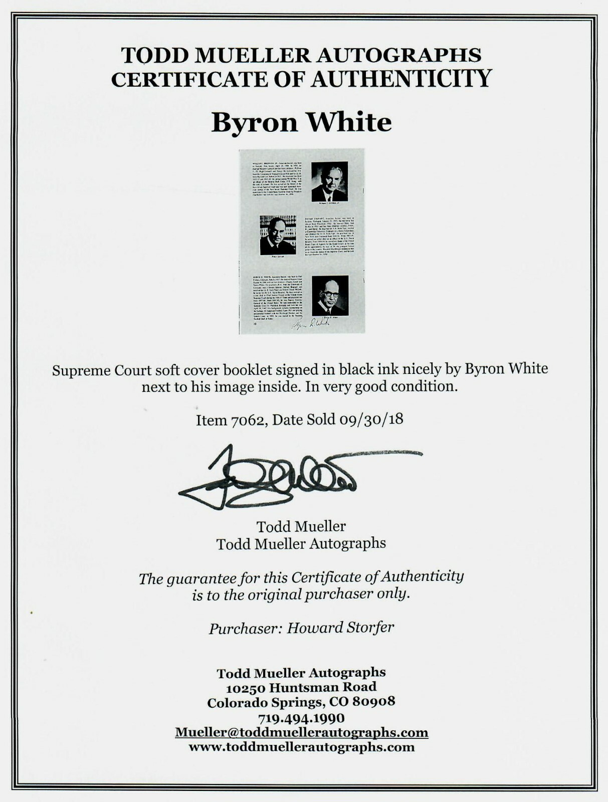 RARE! “Supreme Court Justice» Byron White Hand Signed Court Guide COA