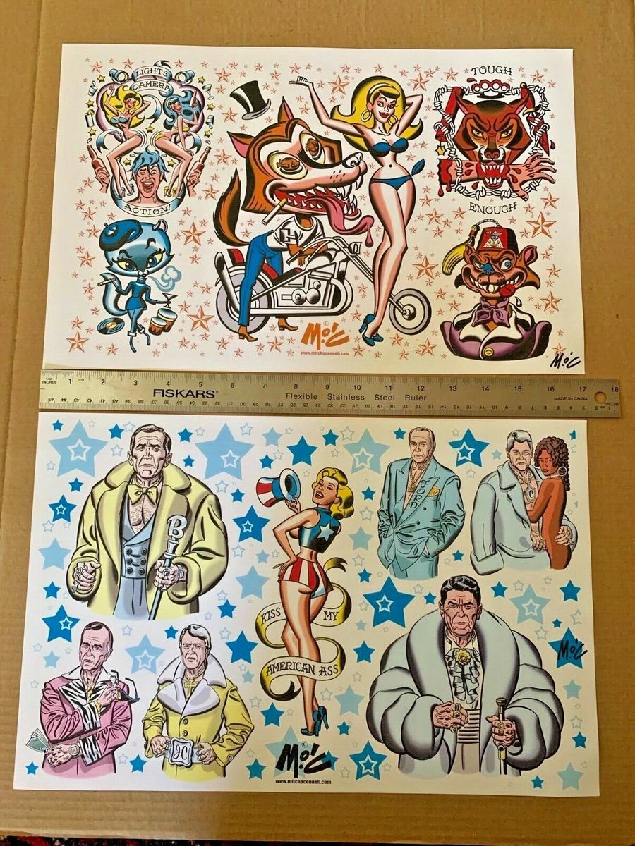 SIGNED TATTOO FLASH Mitch O’Connell 13 SIGNED prints plus promo material PIN-UP