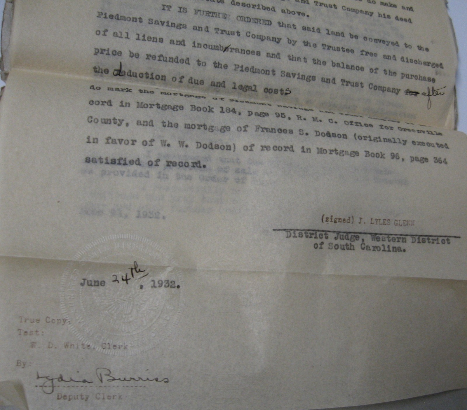 1932 Signed Bankruptcy Document Col. E. M. Blythe Attorney, Greenville, SC