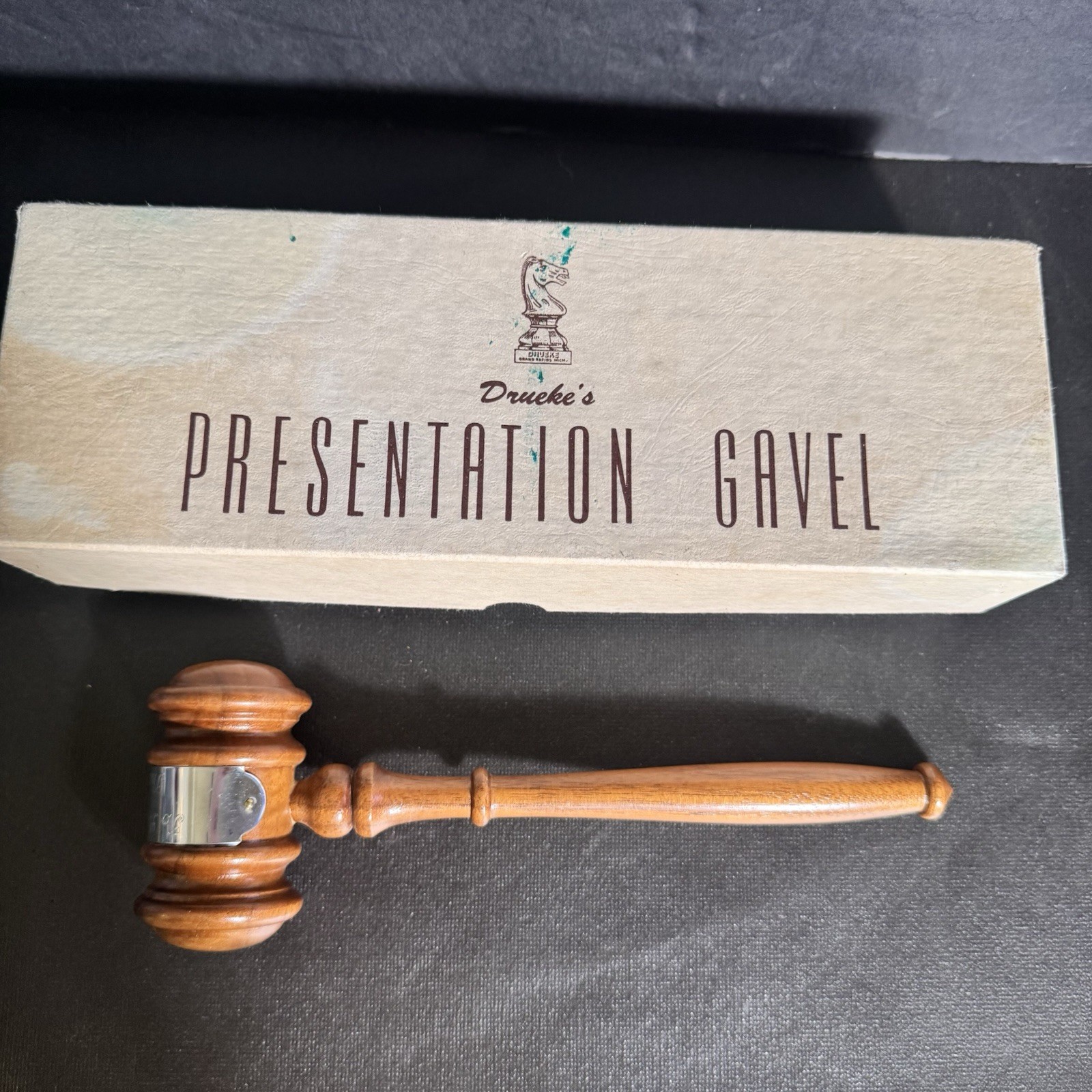 Vintage Drueke Presentation Gavel Wood Engraved Inscribed w/ Box