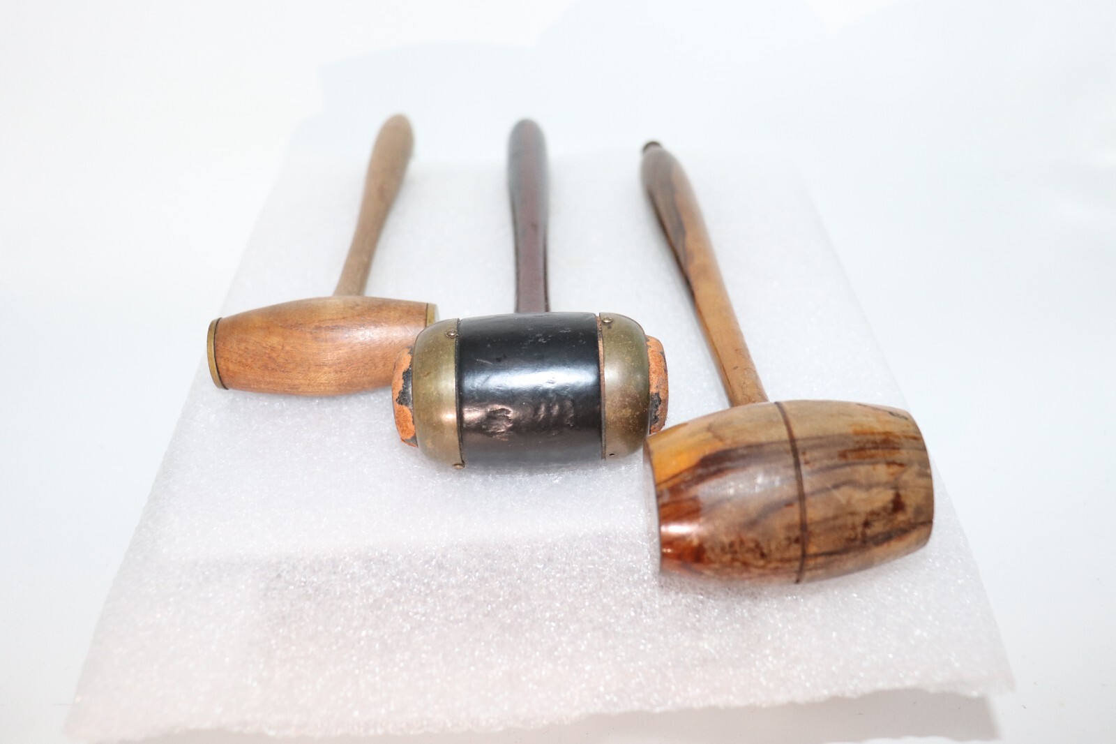 Antique Auctioneers Turned Wood Gavel Lot of 3 Brass, Leather, Wood