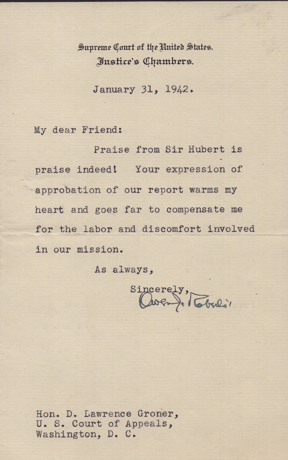 OWEN J. ROBERTS – TYPED LETTER SIGNED 01/31/1942