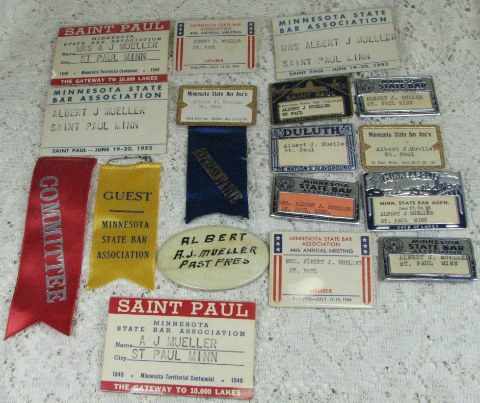 Lot of 17 1930’s – 1950’s Minnesota State Bar Assoc. Meeting Name Tags & Ribbons
