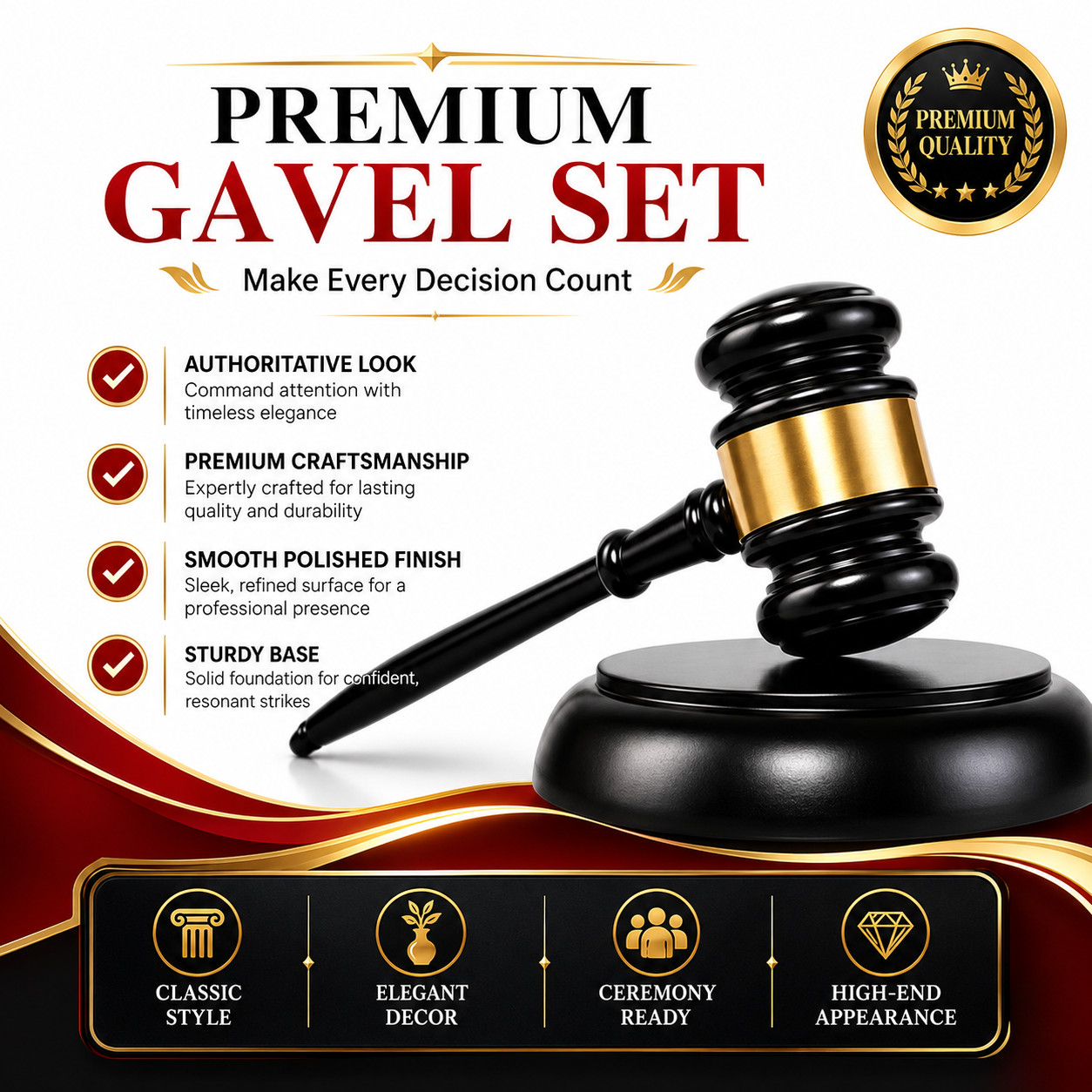 Luxury Gavel Set with Sound Block Base Black Gold Judge Auction Office Decor