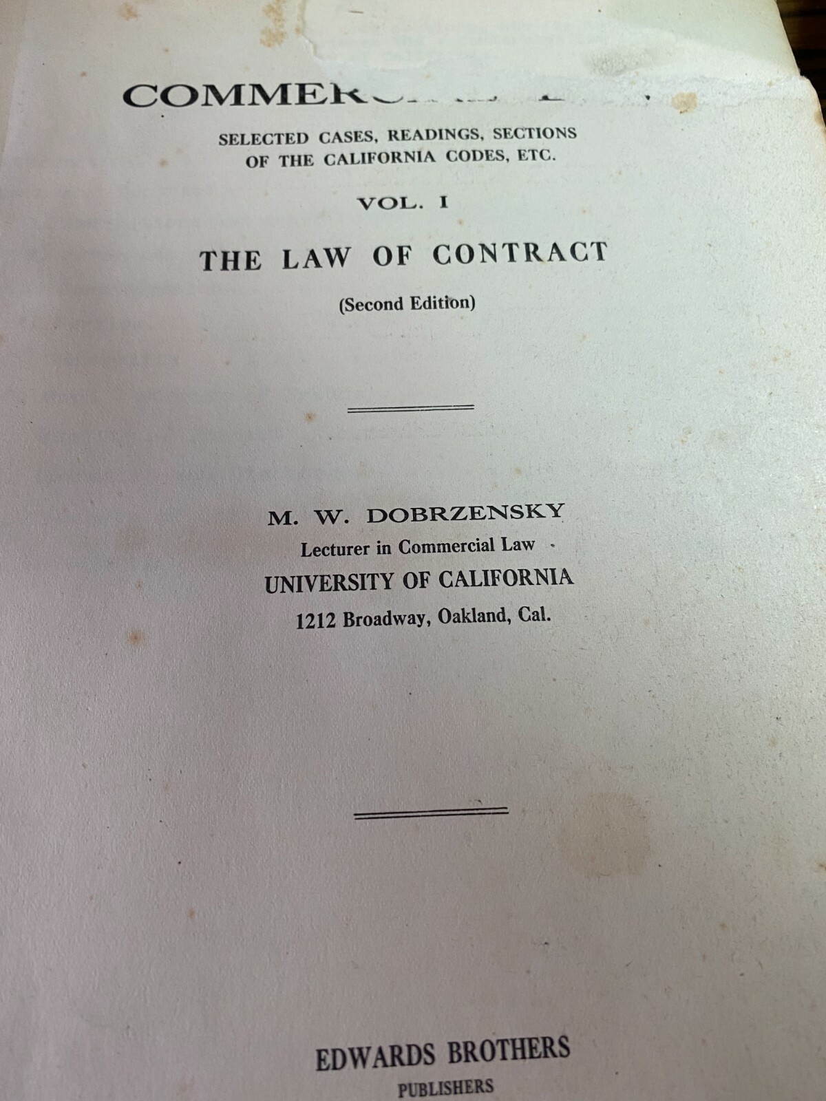 1925 Commercial The Law Of Contract Vol. 1 California Codes LAW Reference