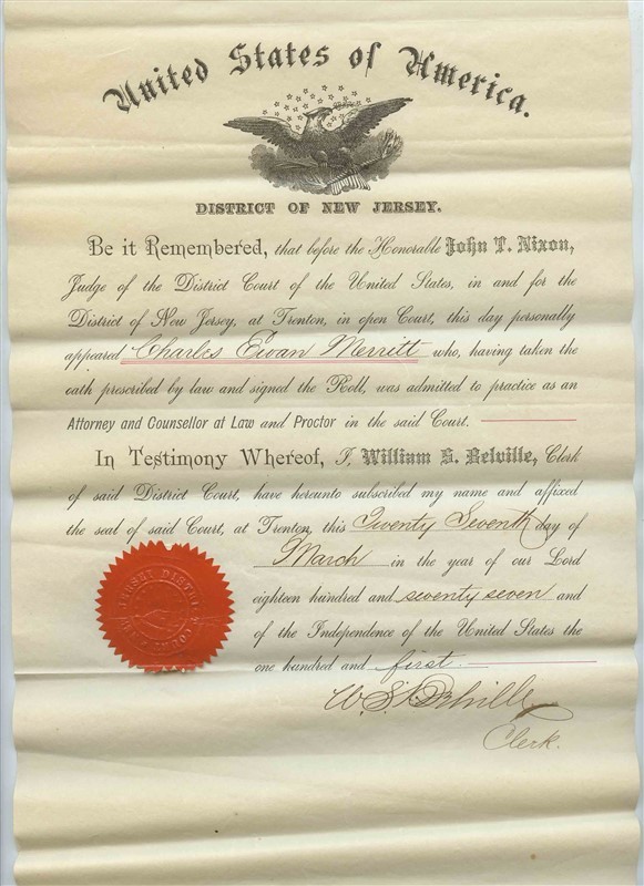 1877 United States of America District of New Jersey Certificate to Practice Law