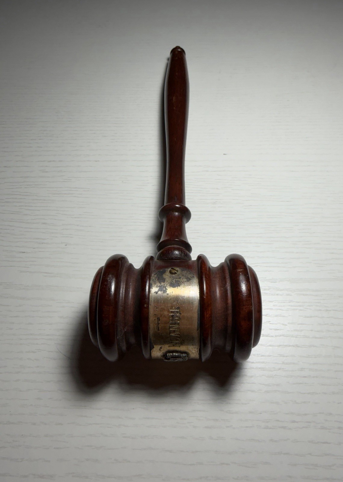 Vintage Wooden Judges/Auctioneers Gavel. Metal Plaque Says “THOMAS II LLANSO”