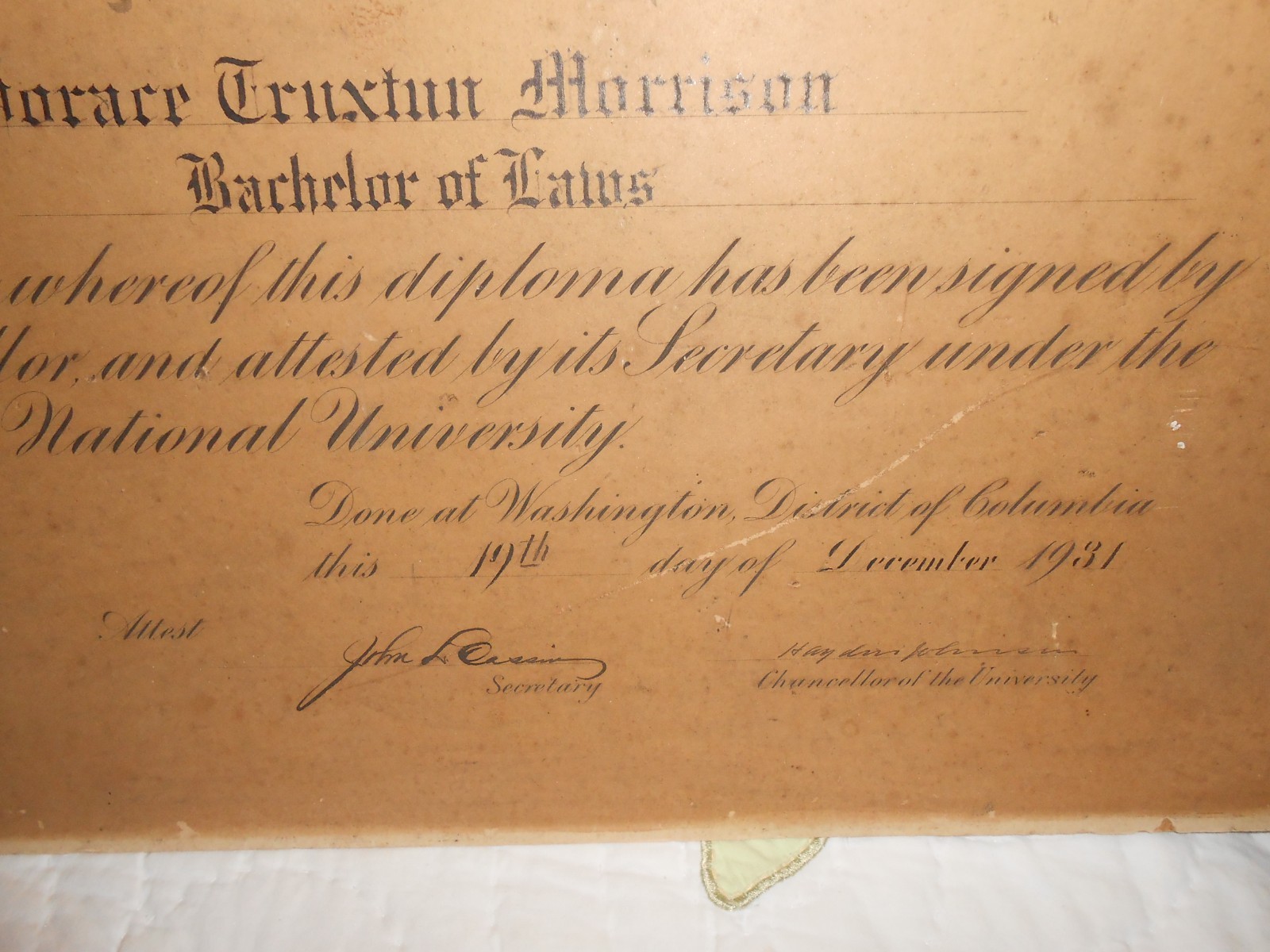 Antique Vintage 1931 NATIONAL UNIVERSITY LAW DEGREE Horace Truxton Morrison