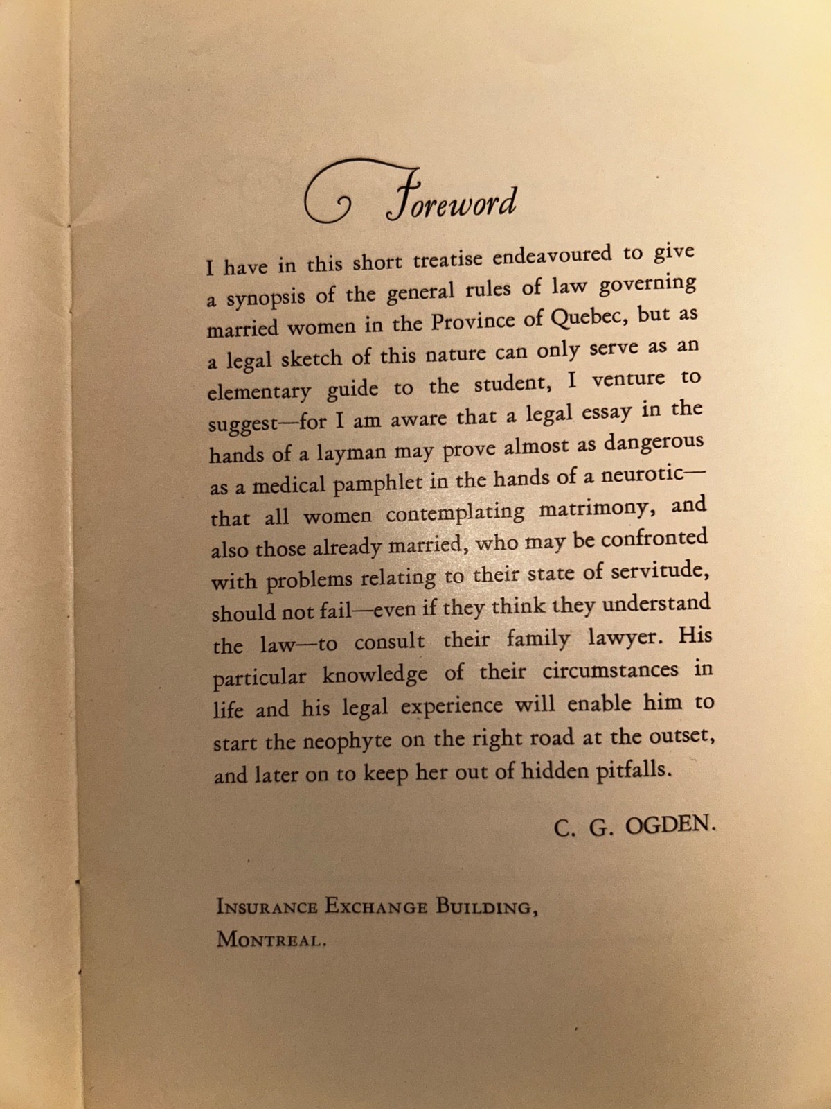 1936 Laws Governing Married Women in Quebec, Canada