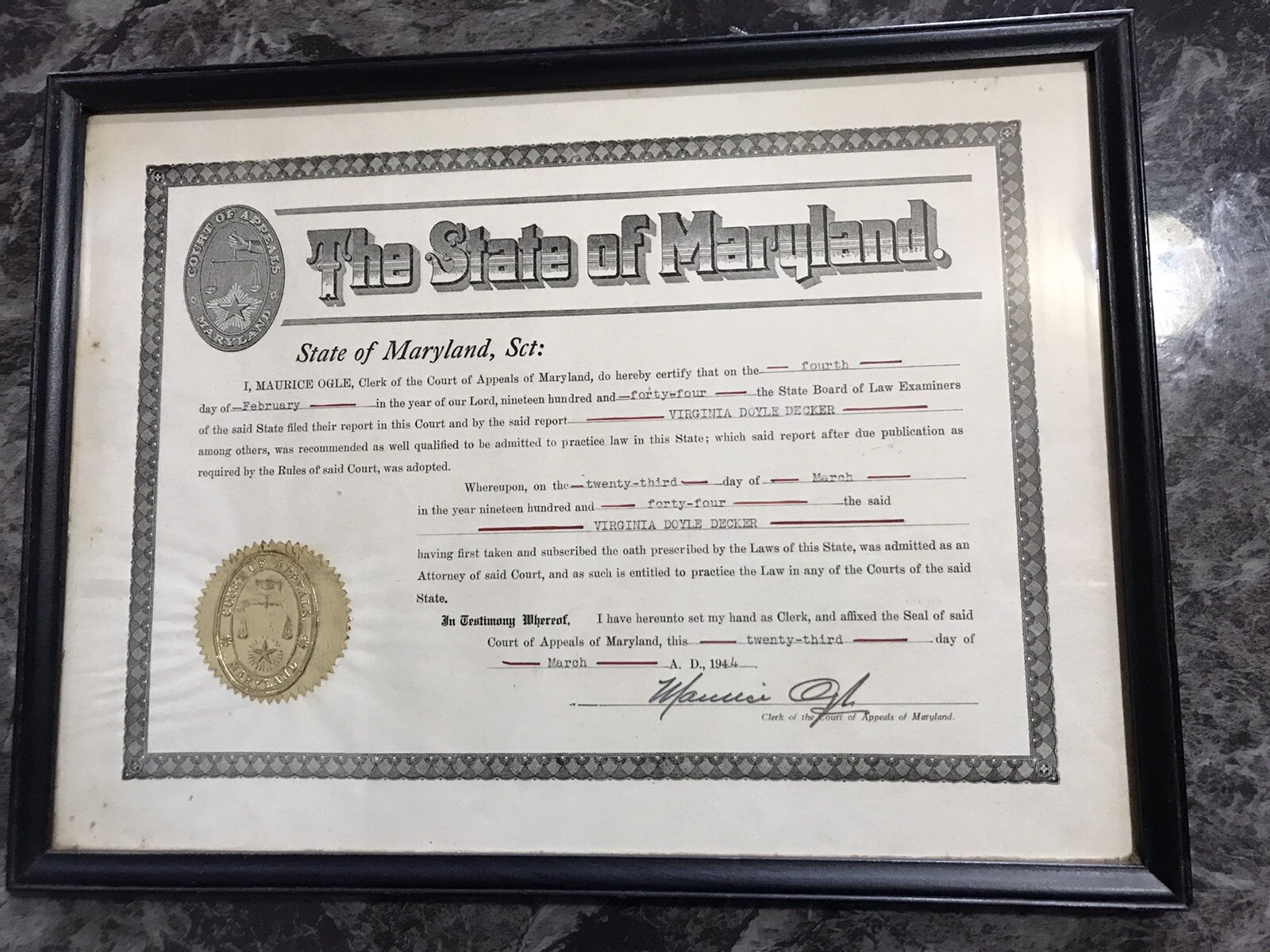 The State Of Maryland LAW DEGREE CERTIFICATE 1944 With Frame