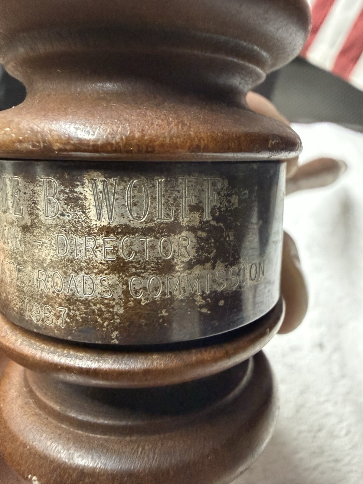 Wooden Gavel w/ Engraved Band «Jerome» Chairman & «B. Wolf» Director 1957