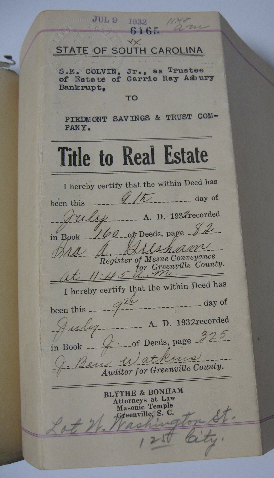 1932 Signed Bankruptcy Document Col. E. M. Blythe Attorney, Greenville, SC