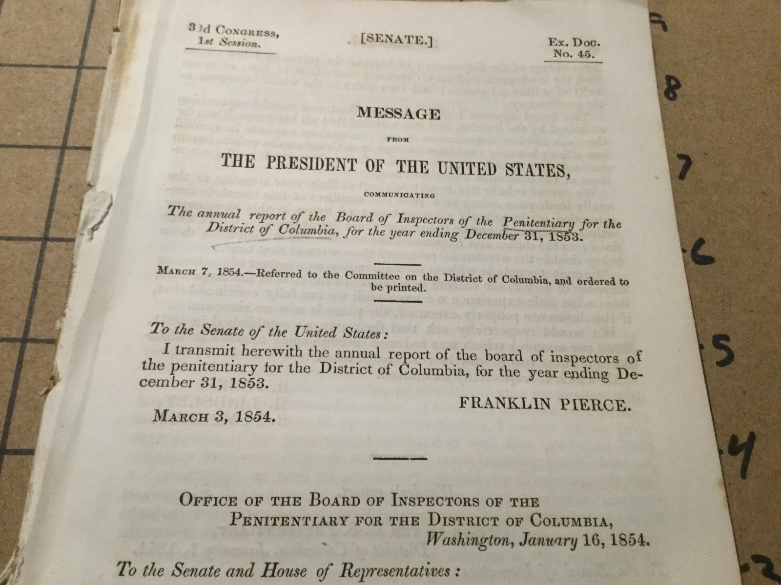 Original Booklet: 1854 Report PENITENTIARY for Washington DC 22pgs – seperated