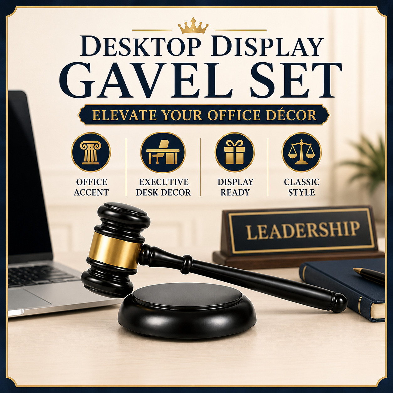 Decorative Judge Gavel Set with Base Black Gold Office Desk Law Theme Gift Decor