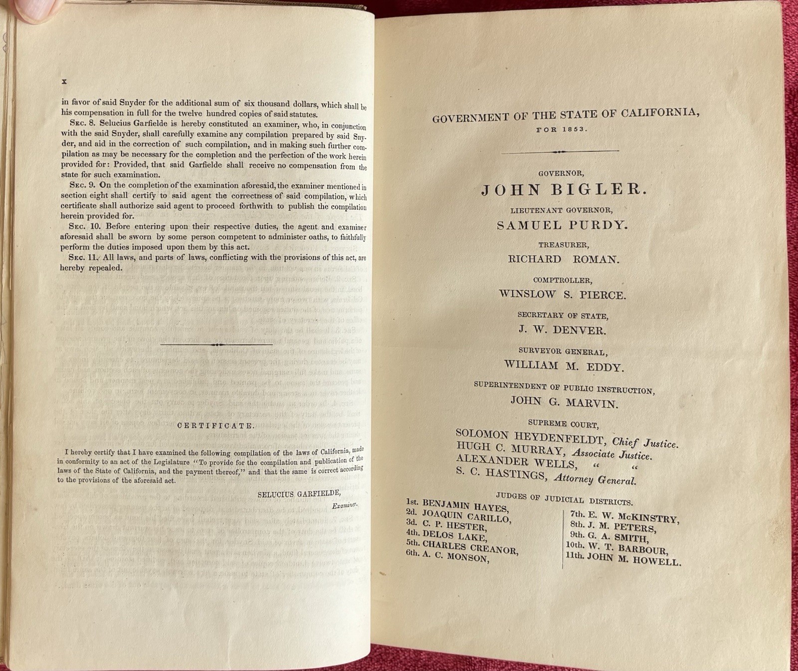 1850s COMPILED LAWS OF CALIFORNIA PASSED IN LEGISLATURE SESSIONS – RARE EDITION