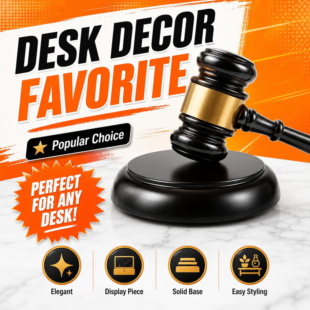Judge Gavel Set with Base Black Gold Law Office Desk Decor Gift Display Piece US