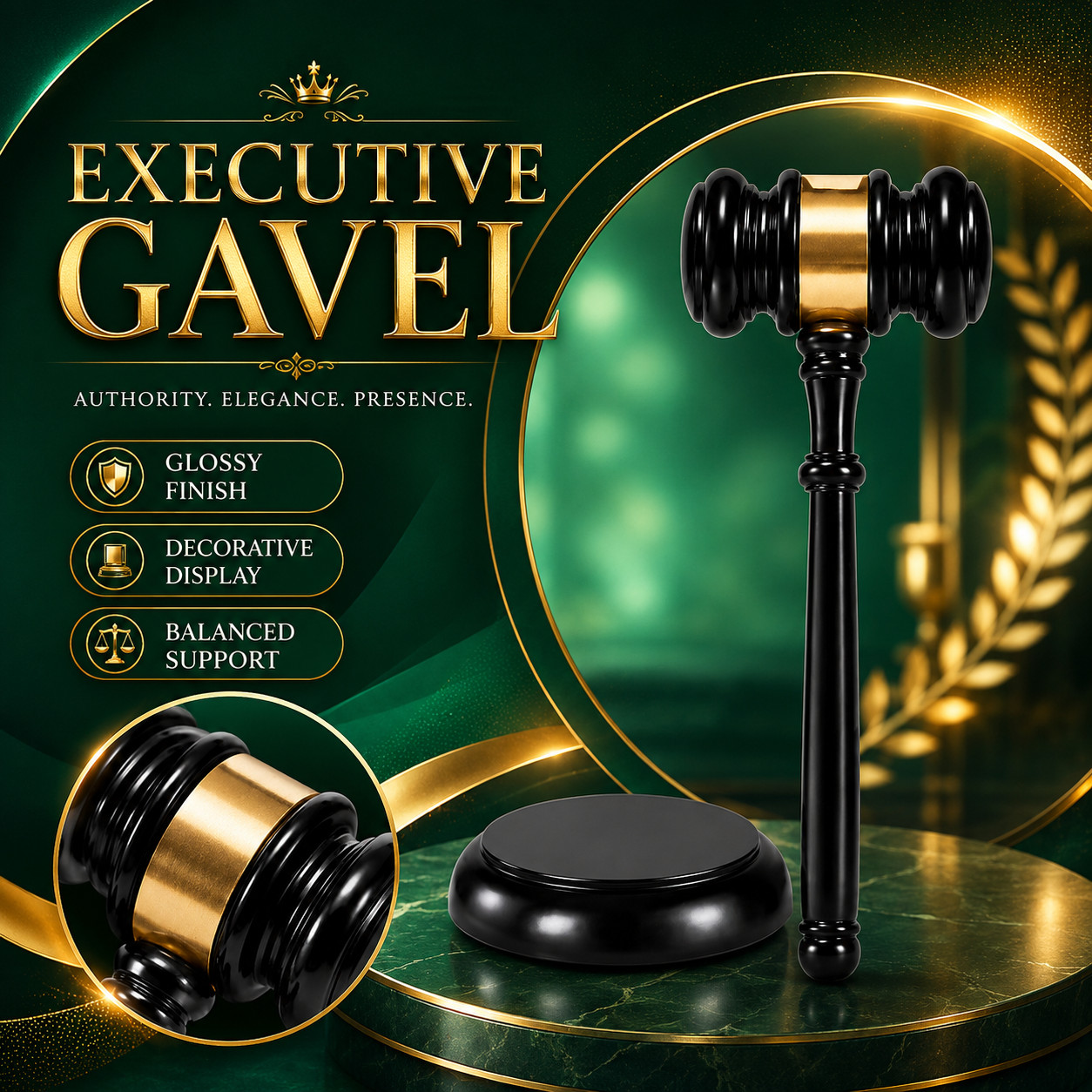 Decorative Courtroom Gavel Set with Polished Finish and Stable Display Base