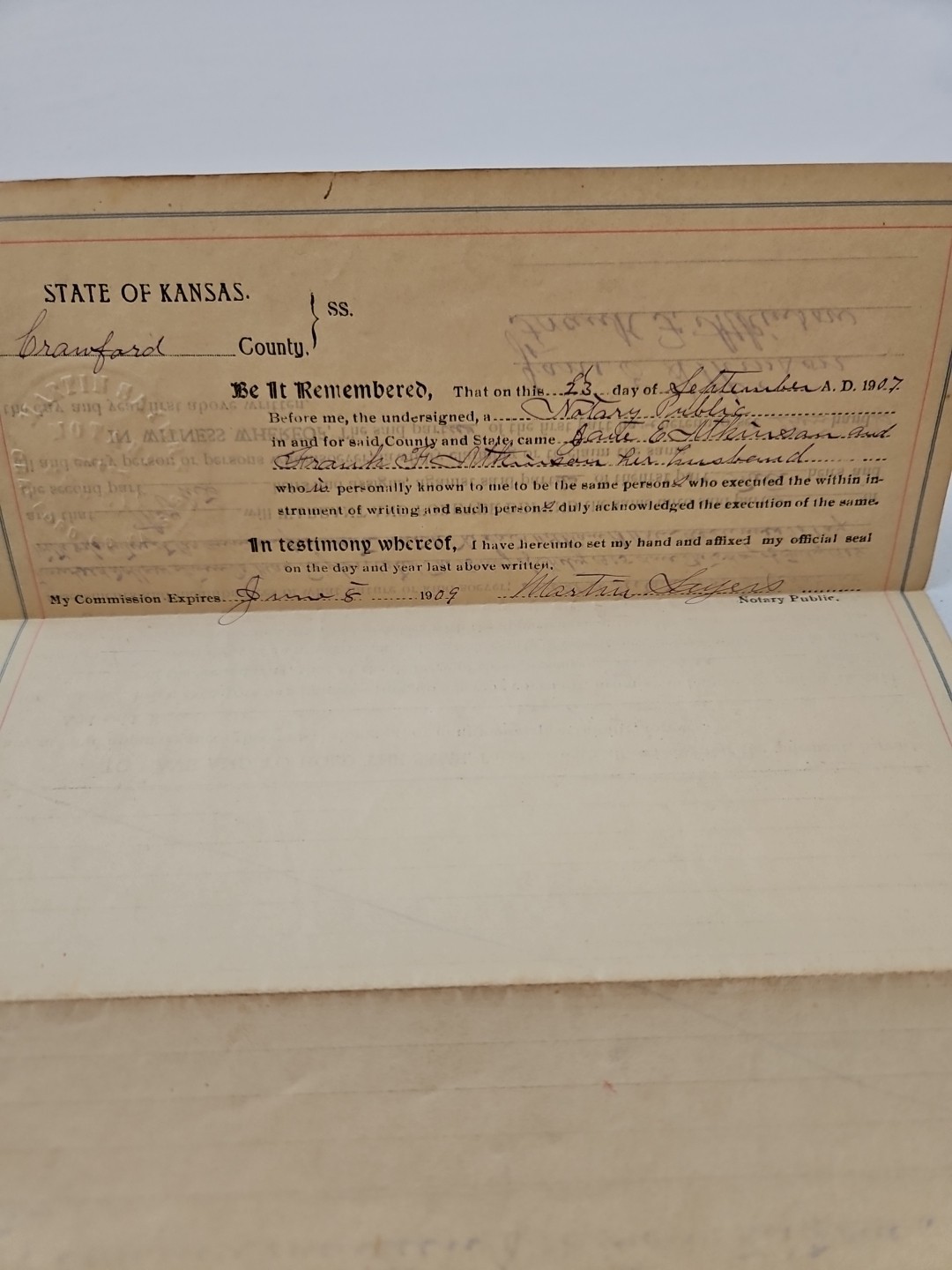 Original antique 1907 McCune KS Crawford County WARRANTY DEED Signed Atkinson
