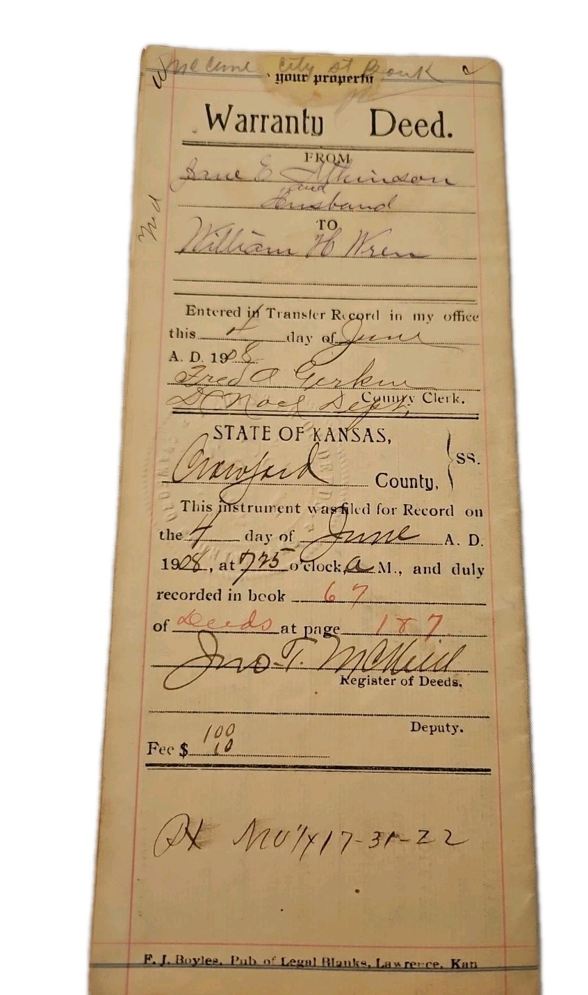 Original antique 1907 McCune KS Crawford County WARRANTY DEED Signed Atkinson