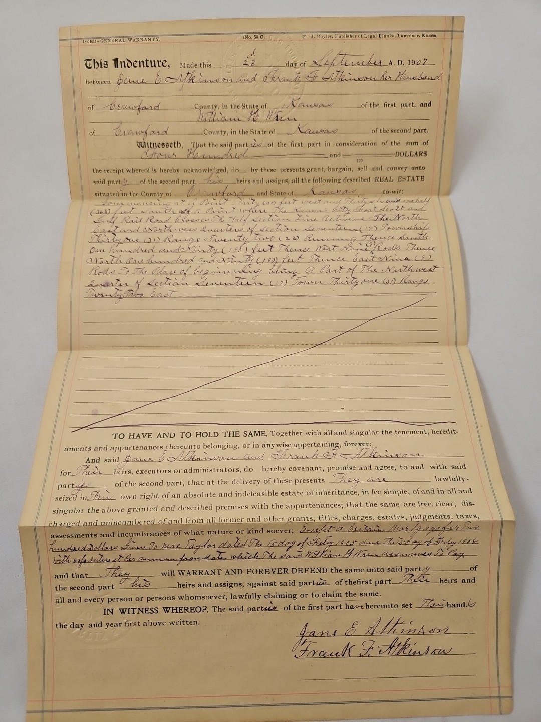 Original antique 1907 McCune KS Crawford County WARRANTY DEED Signed Atkinson