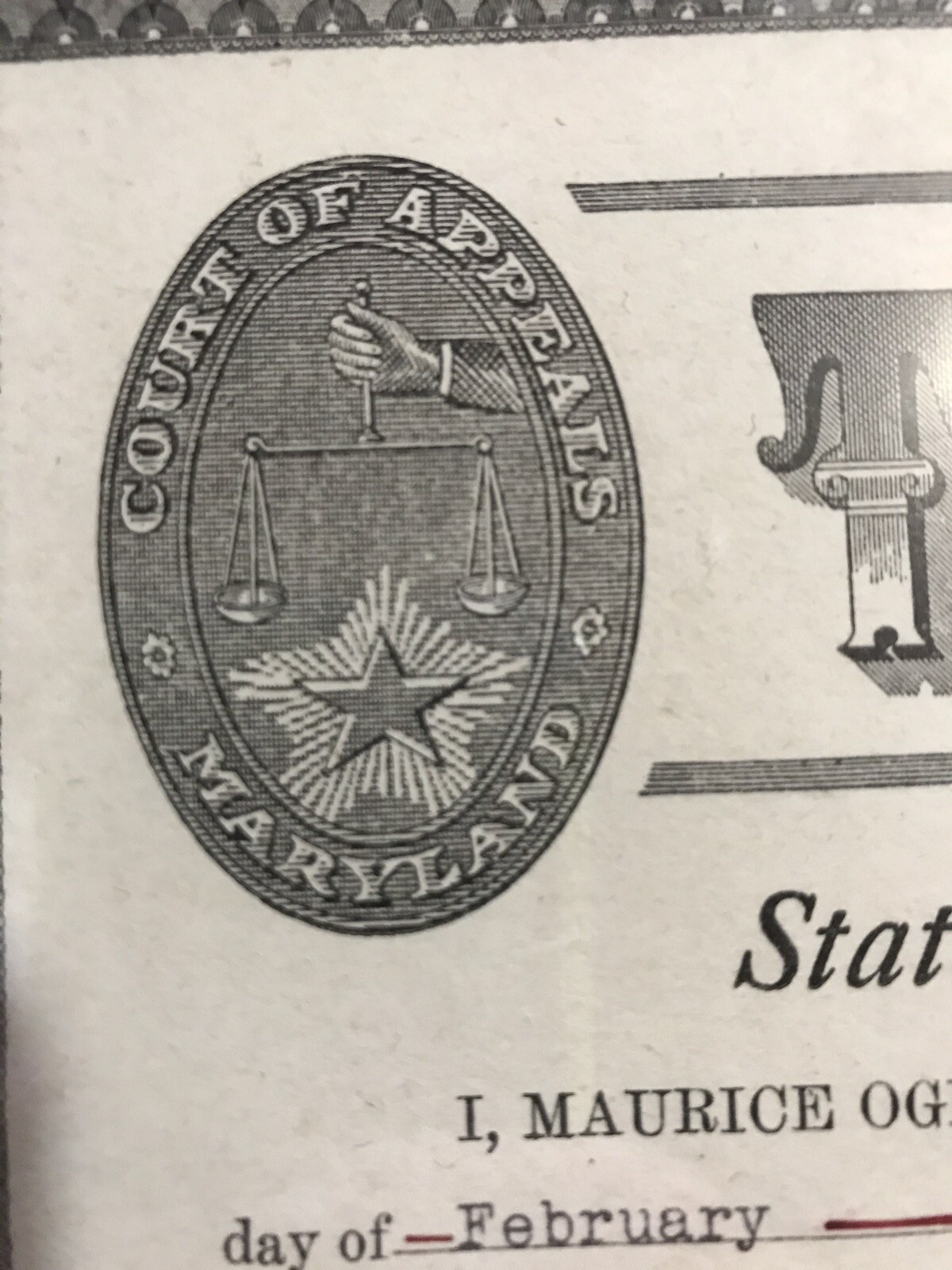 The State Of Maryland LAW DEGREE CERTIFICATE 1944 With Frame