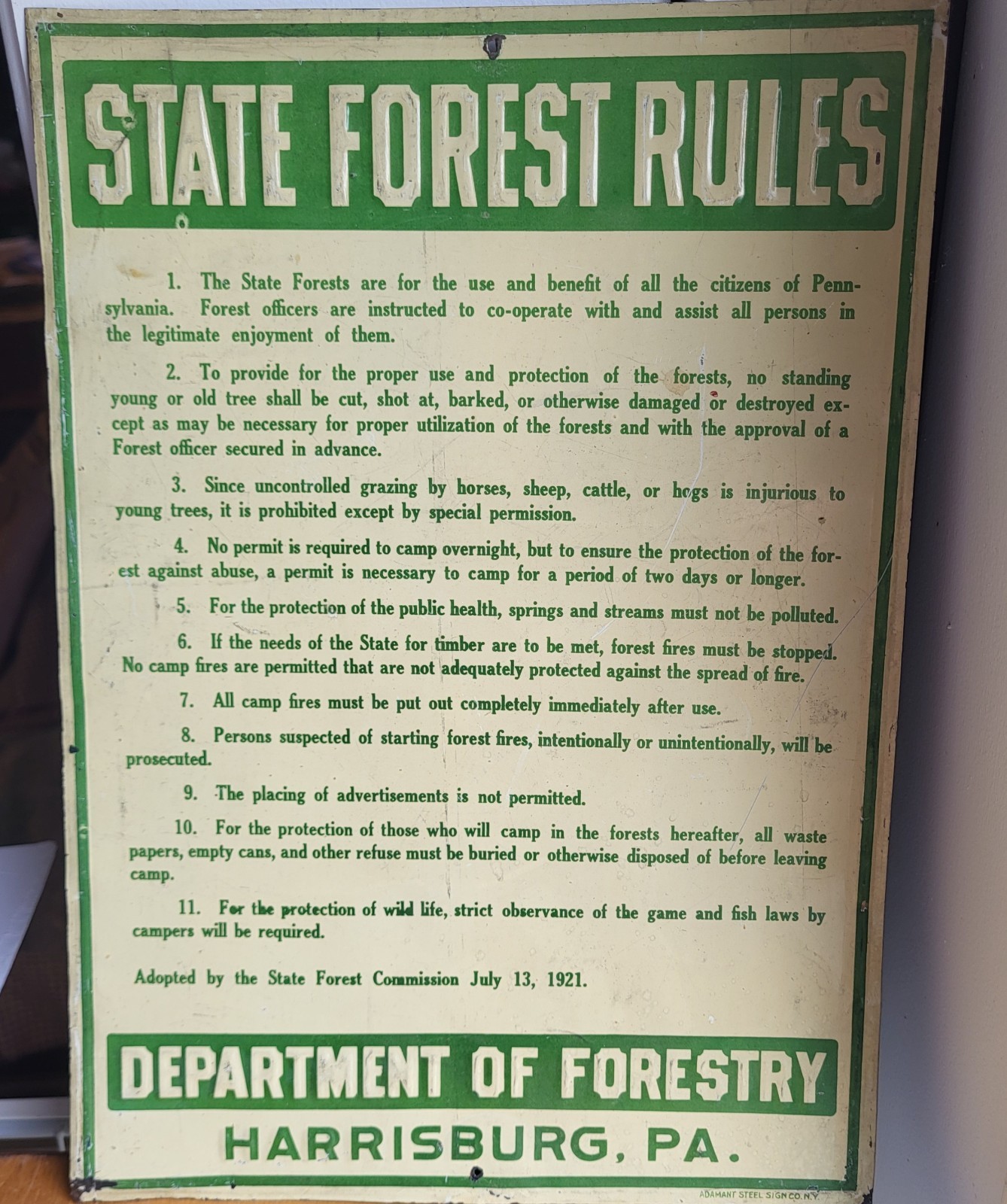 Pa Dept of Forestry 1921 State Forest Rules, Harrisburg, Pa, Metal Sign
