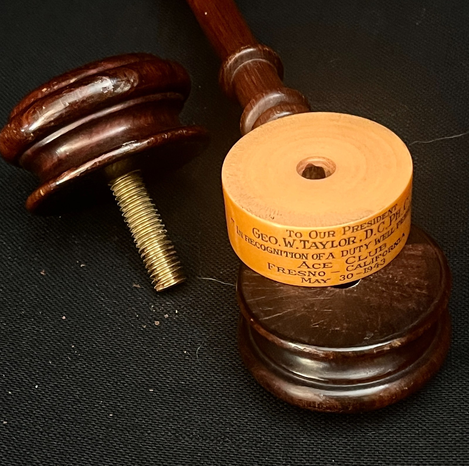 Cool 1943 Presentation, Ceremonial Bakelite & Wood Gavel, Ace Club, Fresno, Ca.