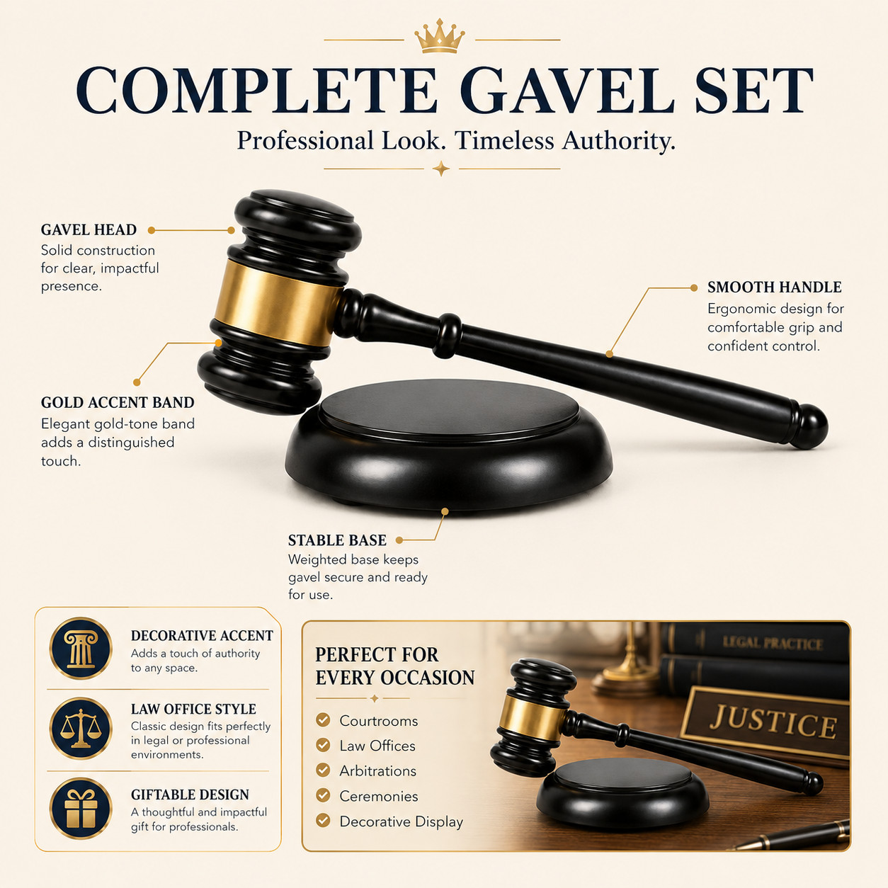 Judge Gavel and Base Set Black Gold Legal Theme Office Desk Decor Gifts Displays