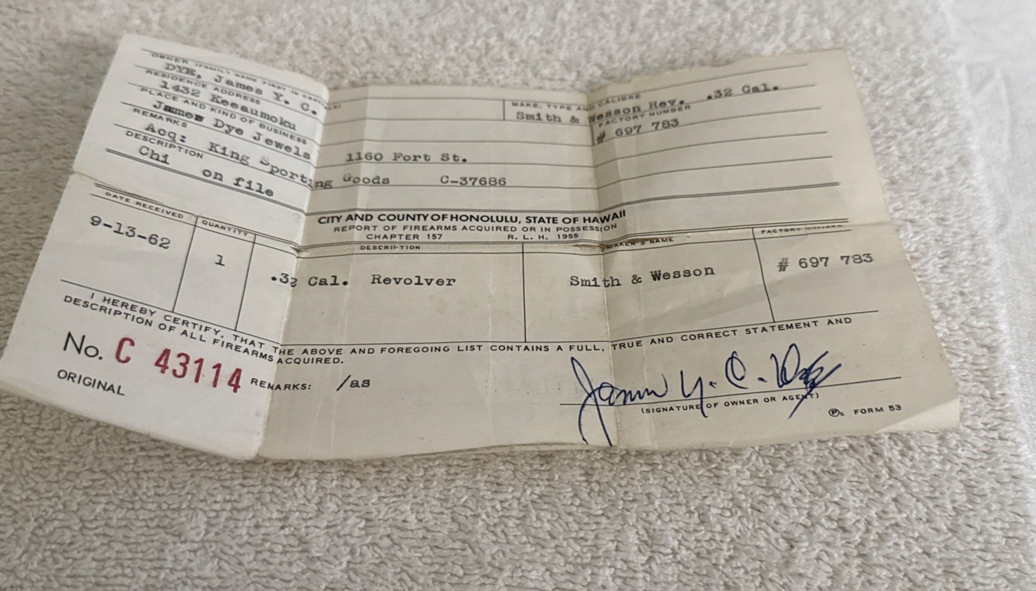 1962 Hawaii Firearms Registration Document – Smith & Wesson .32 Revolver
