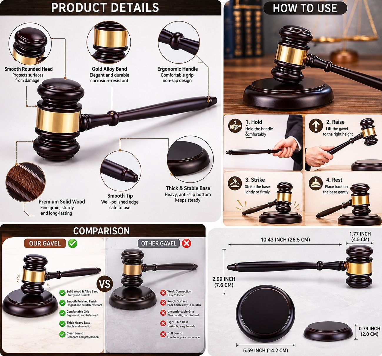 Decorative Judge Gavel Set with Base Black Gold Office Desk Law Theme Gift Decor
