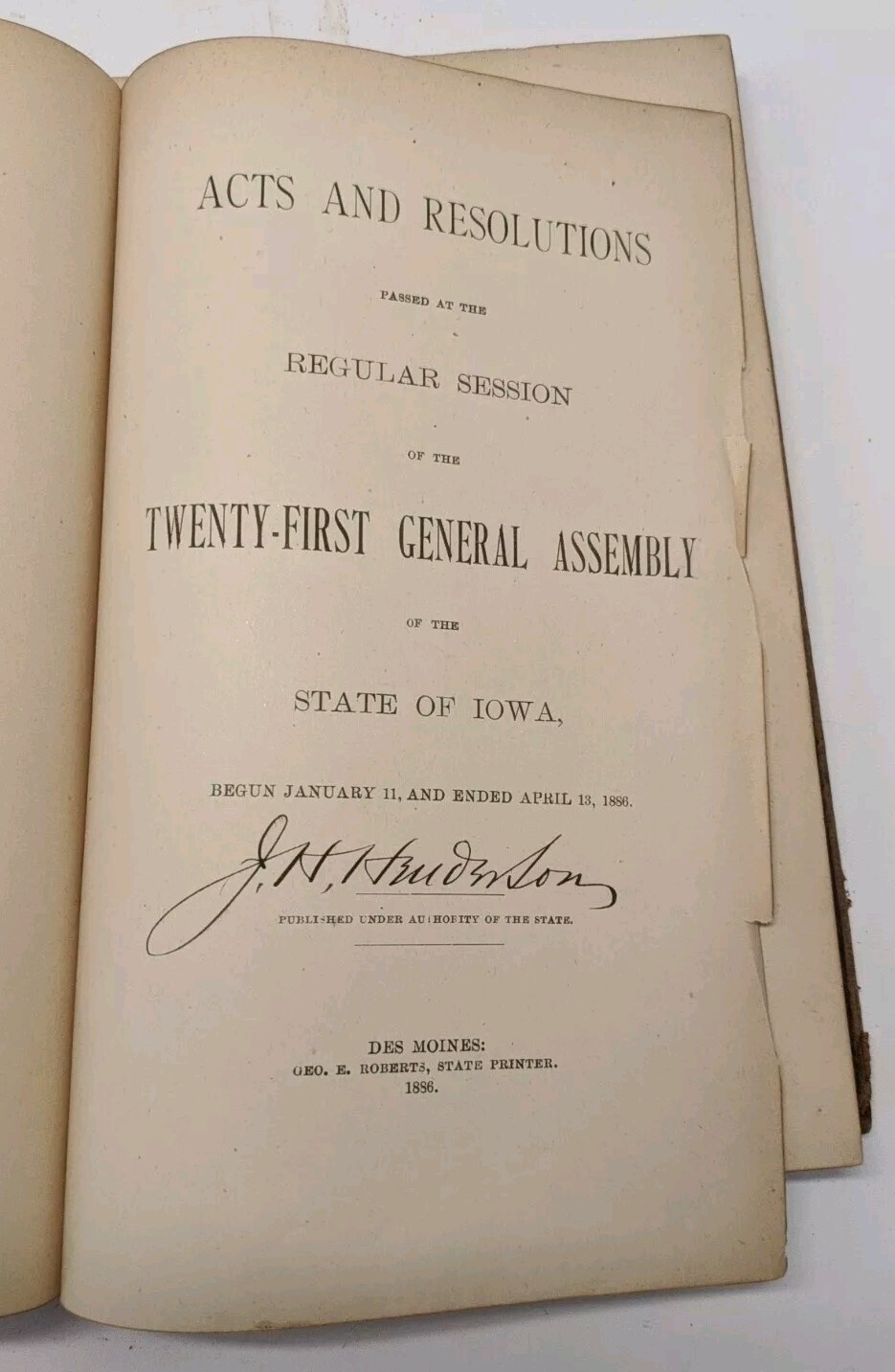 Laws Of Iowa Acts And Resolutions 1886, 1889, 1892. Three Hardcover Book Lot