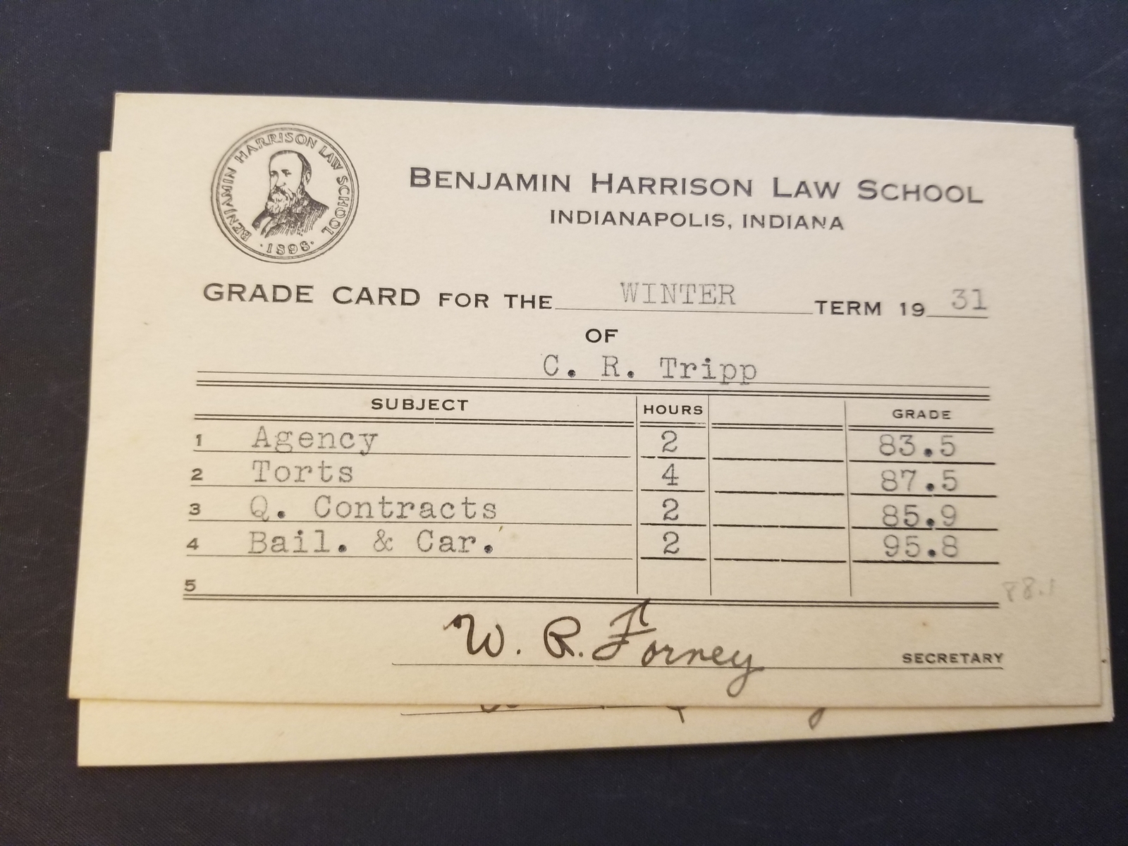 Lot Of 5 1930-1932 Benjamin Harrison Law School Grade Cards Charles R. Tripp