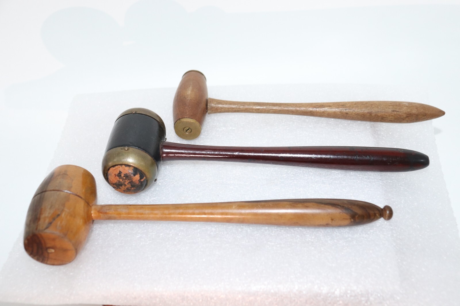 Antique Auctioneers Turned Wood Gavel Lot of 3 Brass, Leather, Wood