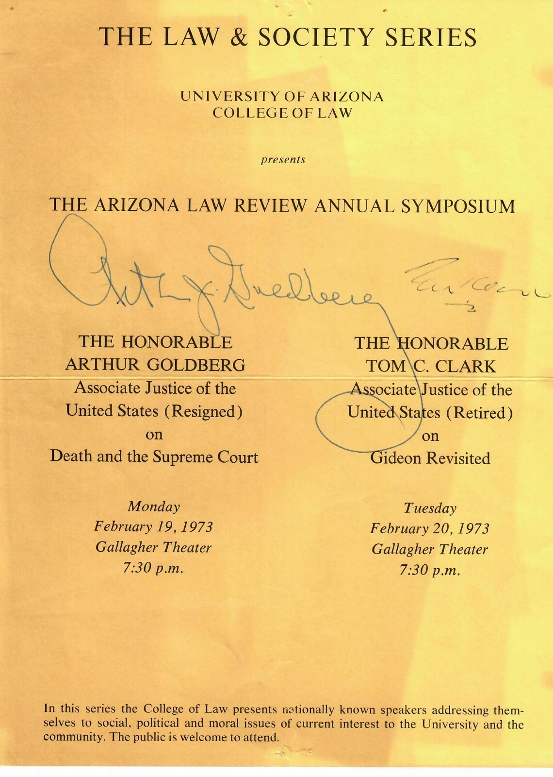 «Supreme Court Justice» Arthur Goldberg & Tom Clark Hand Signed Announcement COA