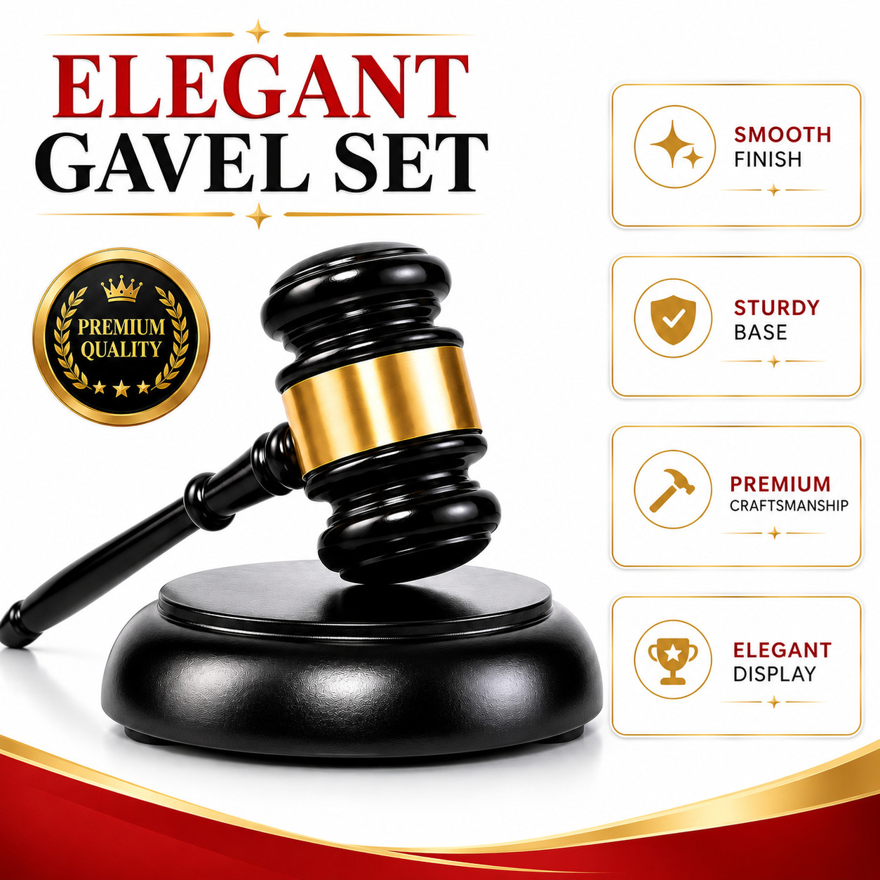 Luxury Gavel Set with Sound Block Base Black Gold Judge Auction Office Decor