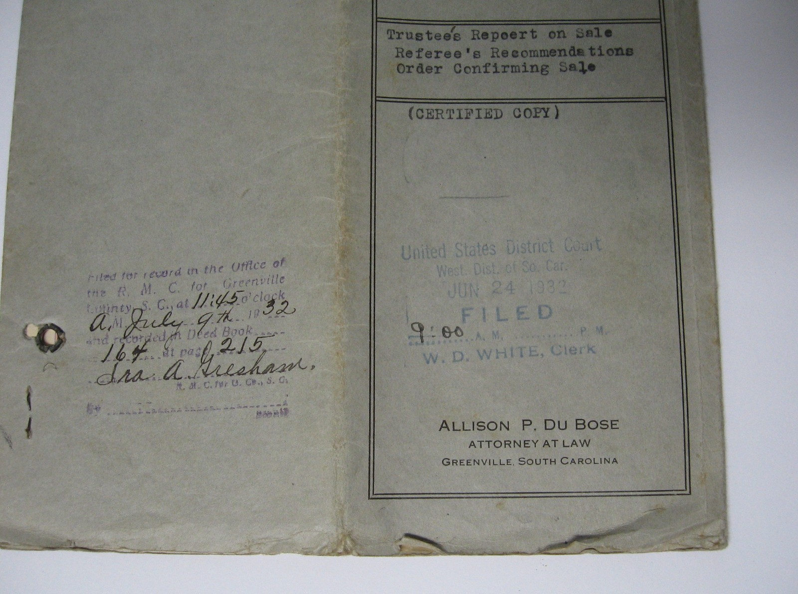 1932 Signed Bankruptcy Document Col. E. M. Blythe Attorney, Greenville, SC