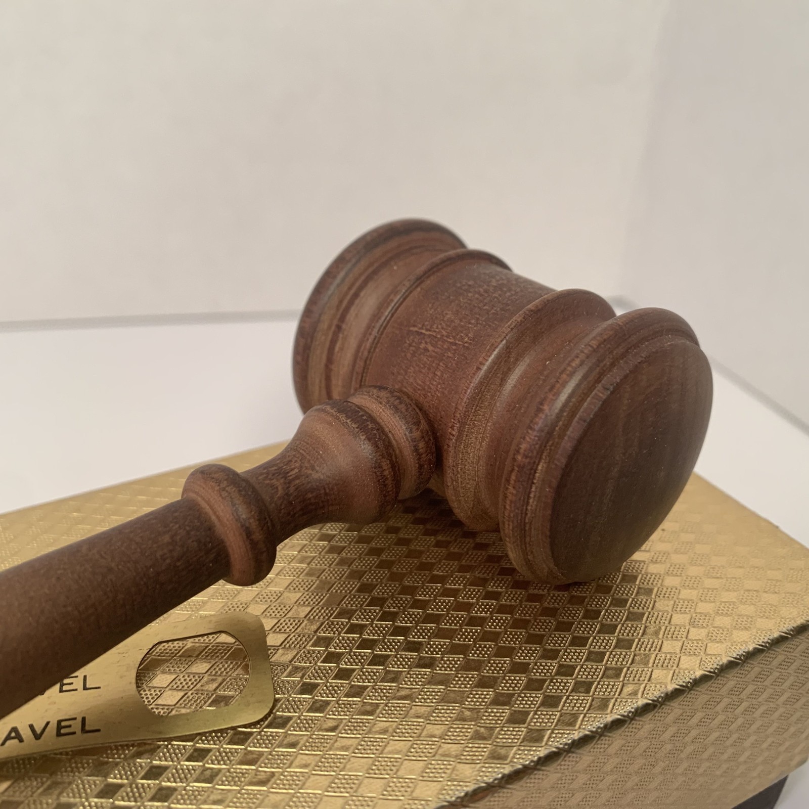 Vintage Solid Wooden Gavel Long Hand Turned Medium Brown Wood w brass ribbon
