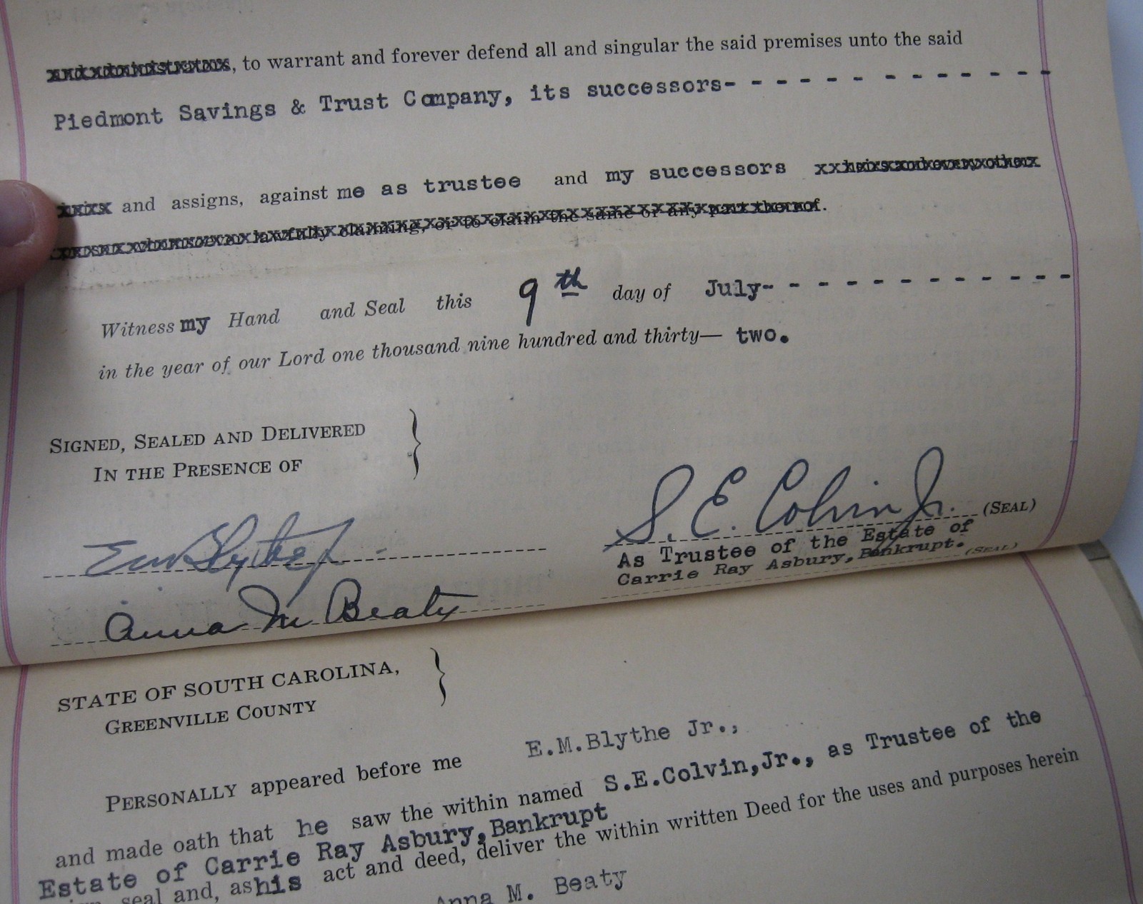 1932 Signed Bankruptcy Document Col. E. M. Blythe Attorney, Greenville, SC