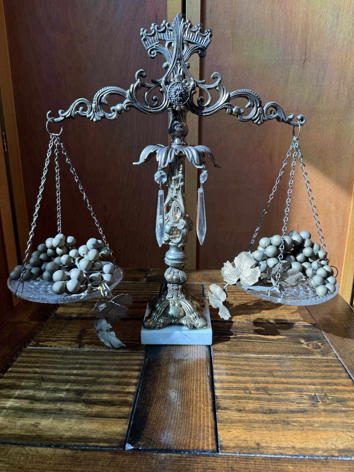 Vintage Ornate Brass Balance Scale w/ Marble Base & Crystal Accents Decor