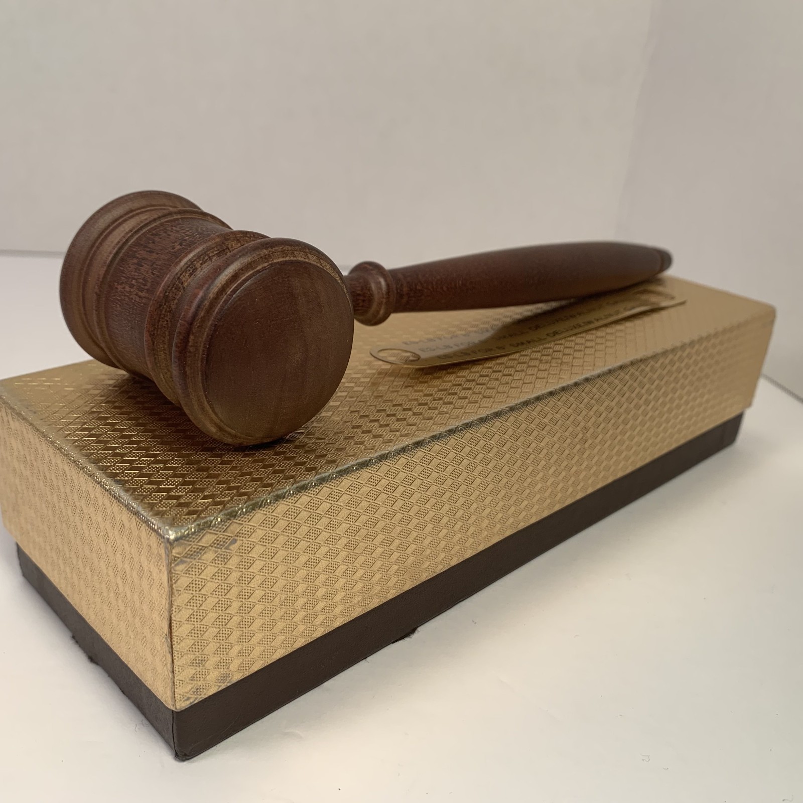 Vintage Solid Wooden Gavel Long Hand Turned Medium Brown Wood w brass ribbon