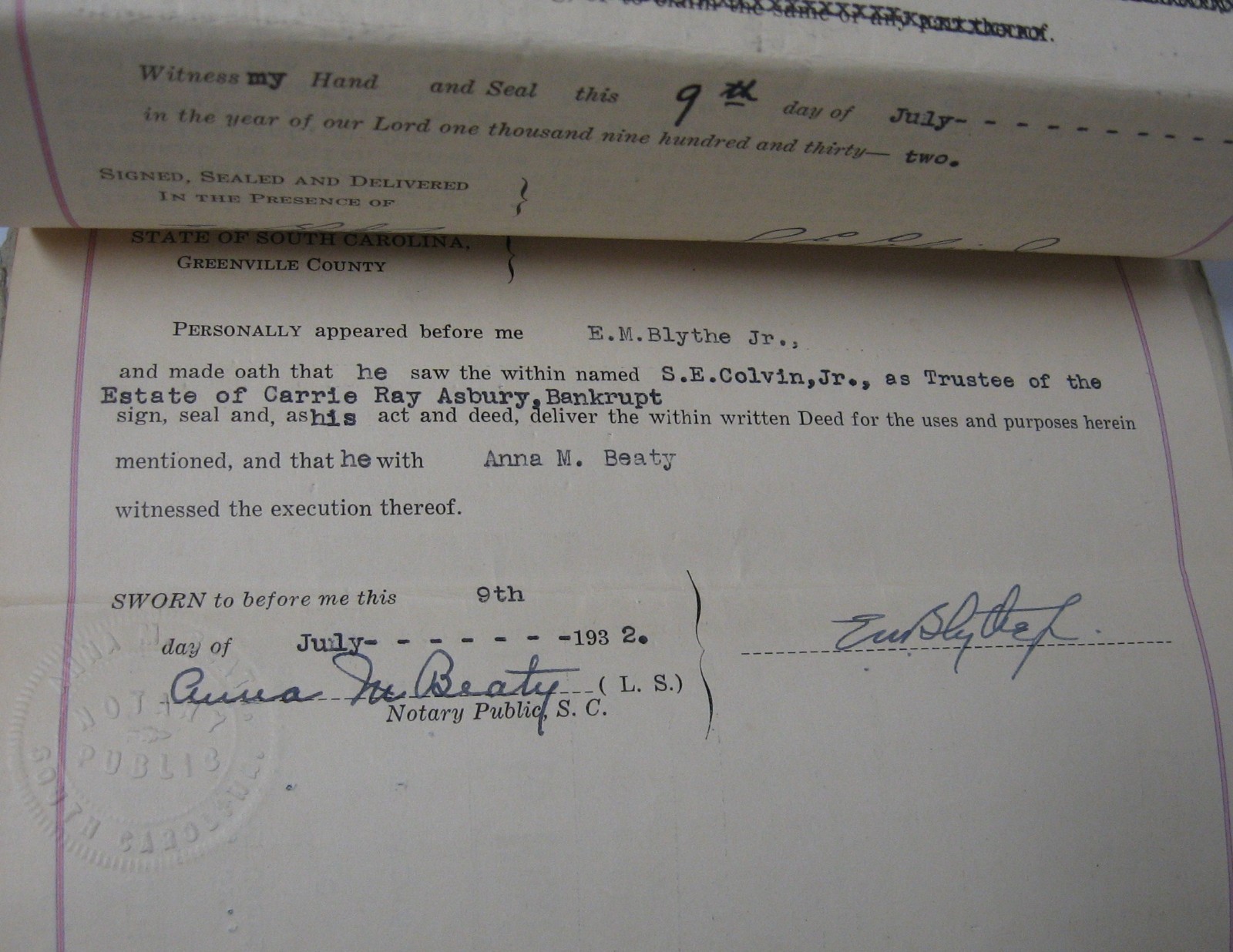 1932 Signed Bankruptcy Document Col. E. M. Blythe Attorney, Greenville, SC
